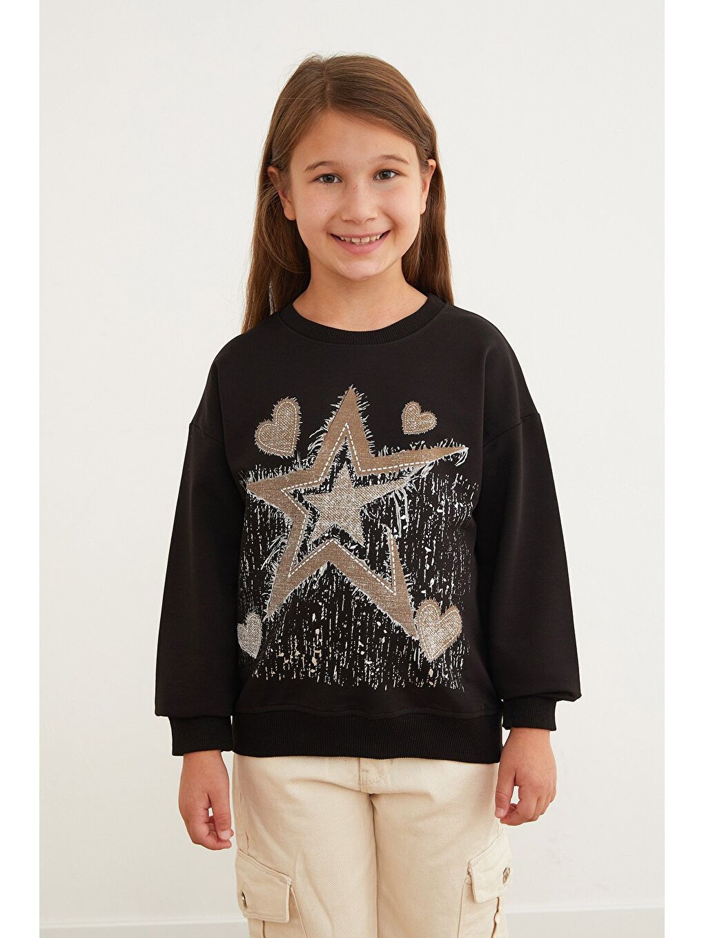 Siyah Yıldız Ve Kalp Baskılı Kız Çocuk Sweatshirt-3