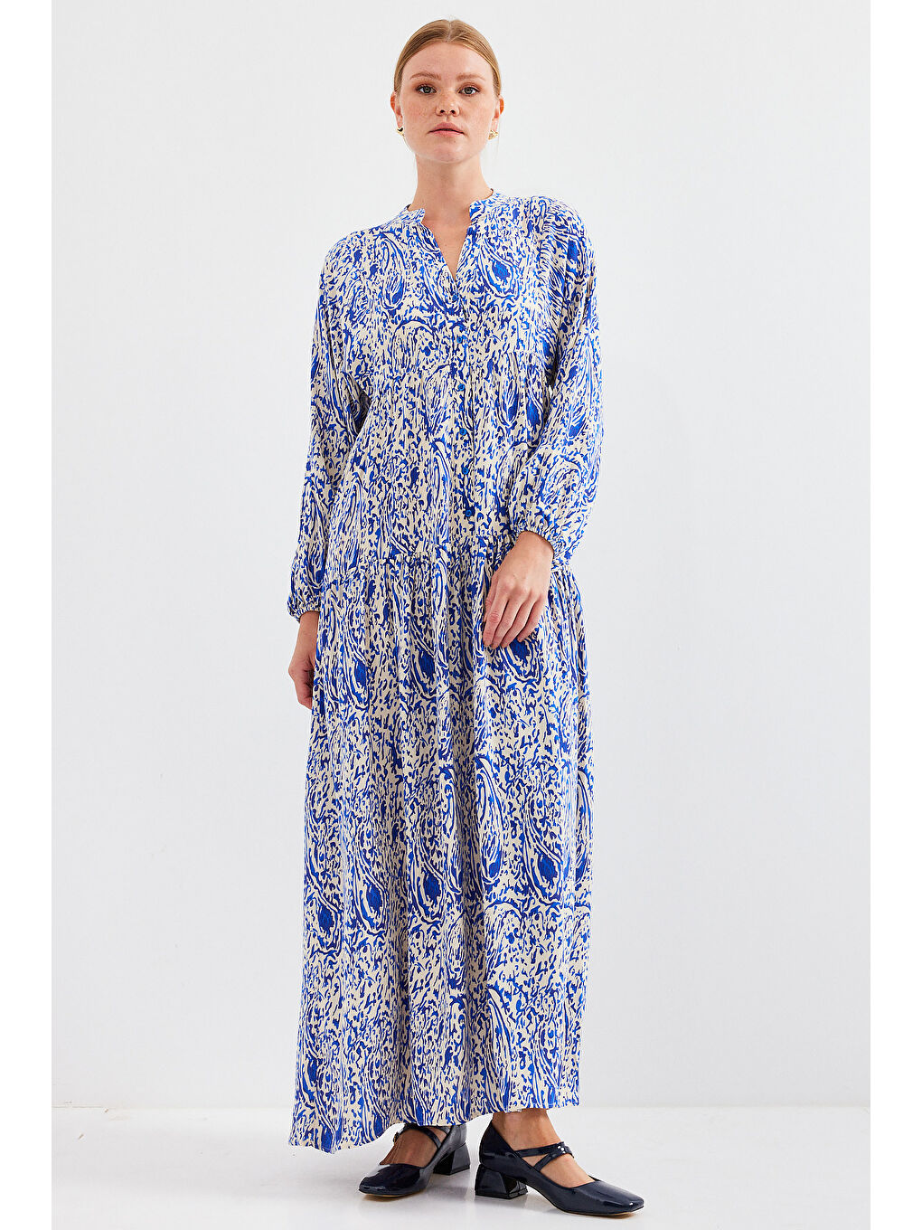 Mavi Kadın Desenli Saks Viskon Tesettür Elbise 2423-3