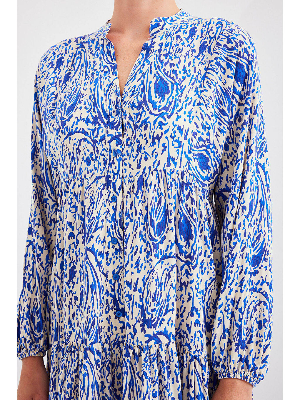 Mavi Kadın Desenli Saks Viskon Tesettür Elbise 2423-5