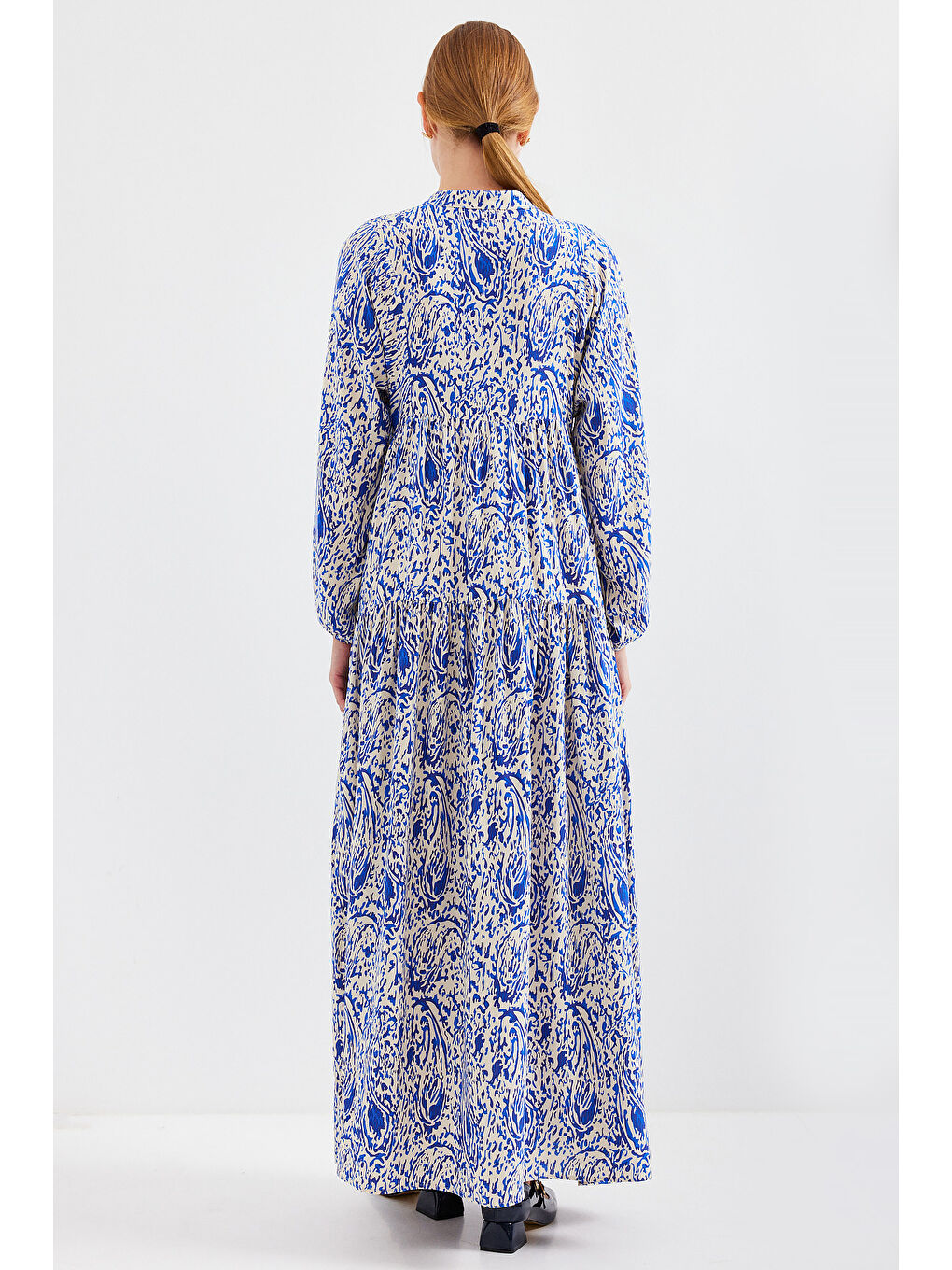 Mavi Kadın Desenli Saks Viskon Tesettür Elbise 2423-6