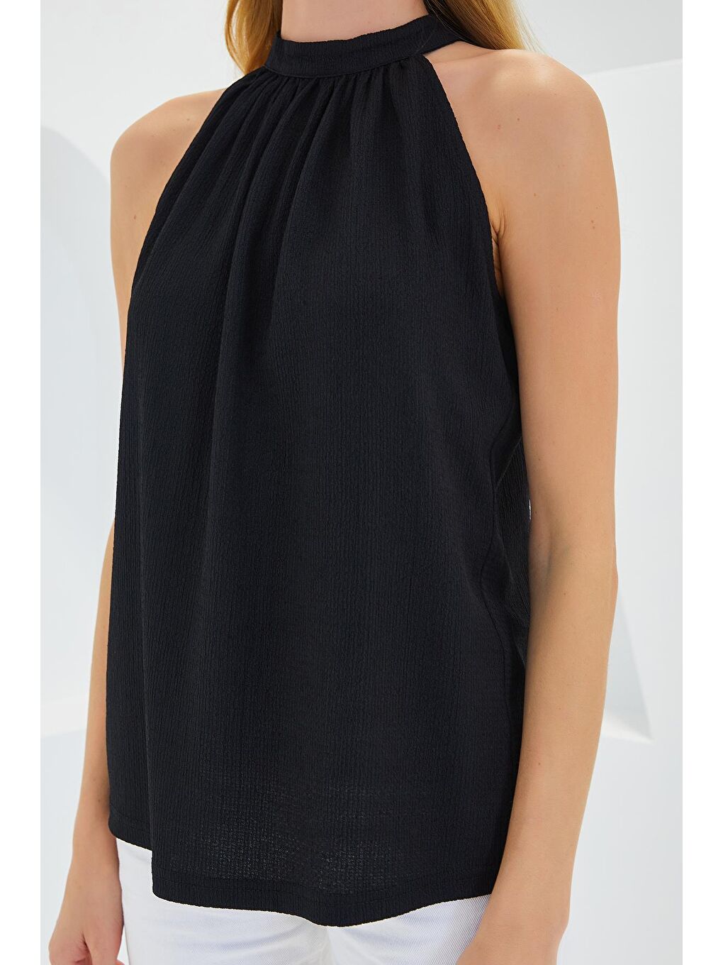 0489 Halter Yaka Örme Bluz - Siyah-3