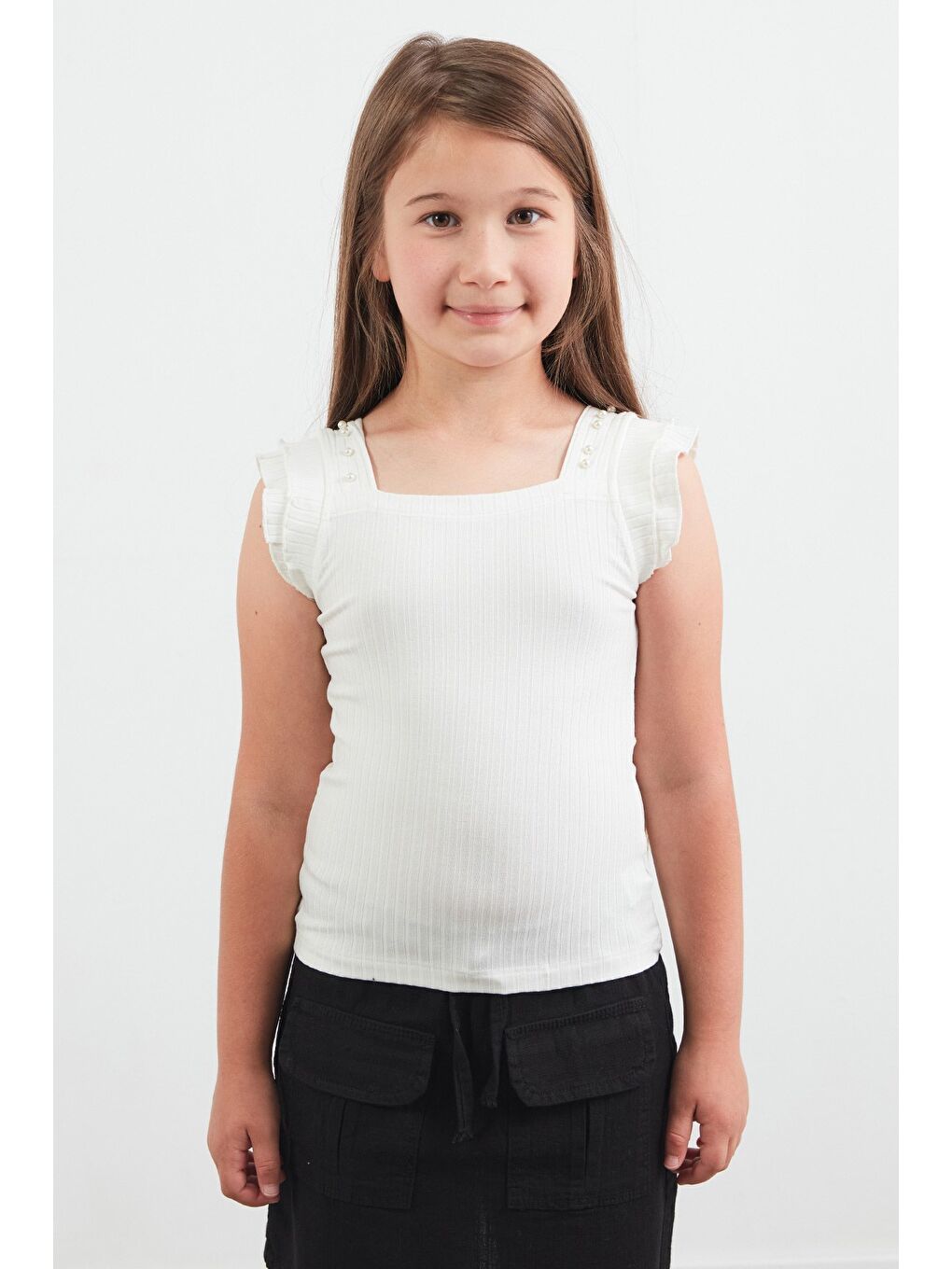 Ekru İncili Kare Yaka Kız Çocuk Bluz-1