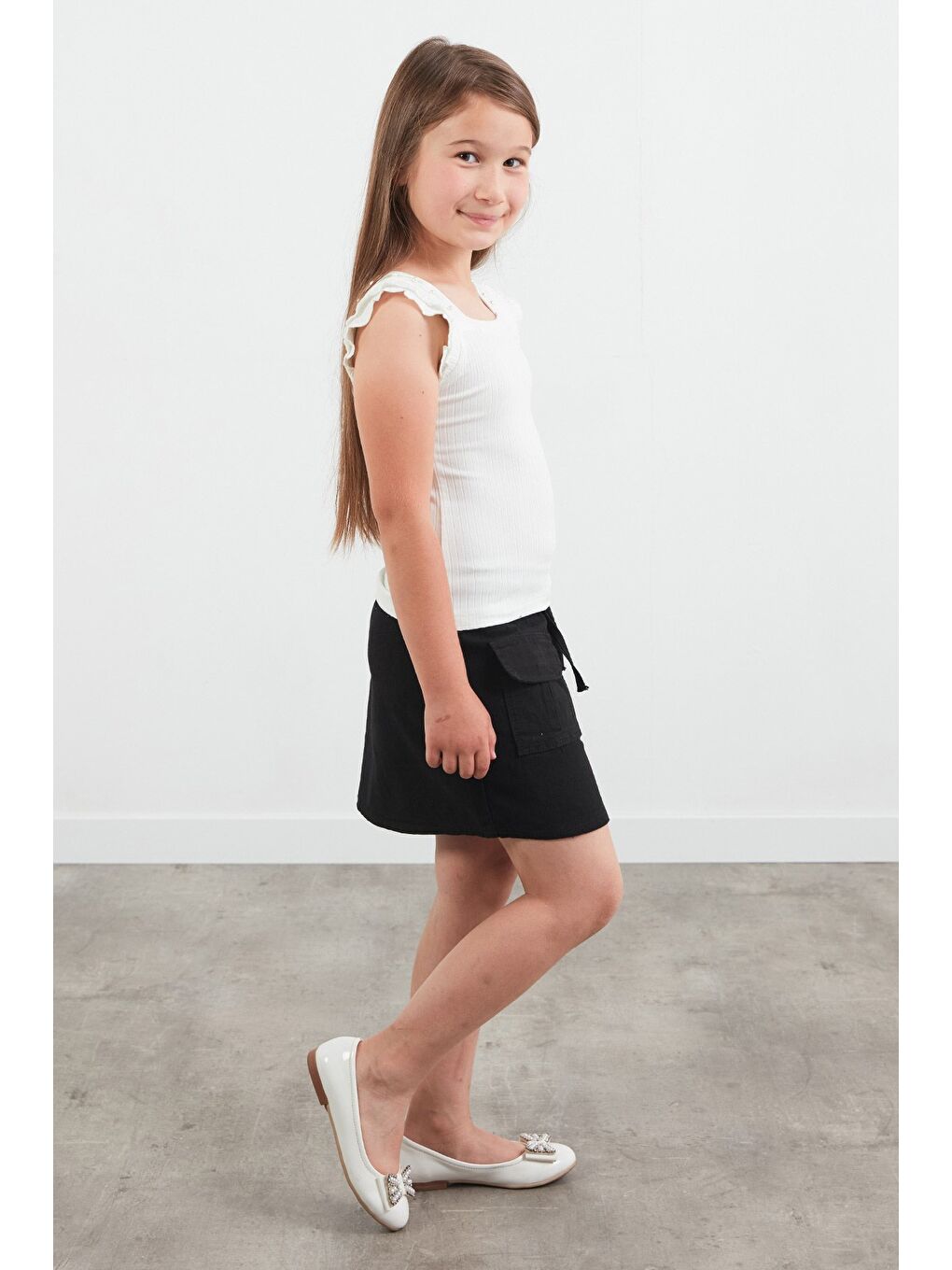 Ekru İncili Kare Yaka Kız Çocuk Bluz-2