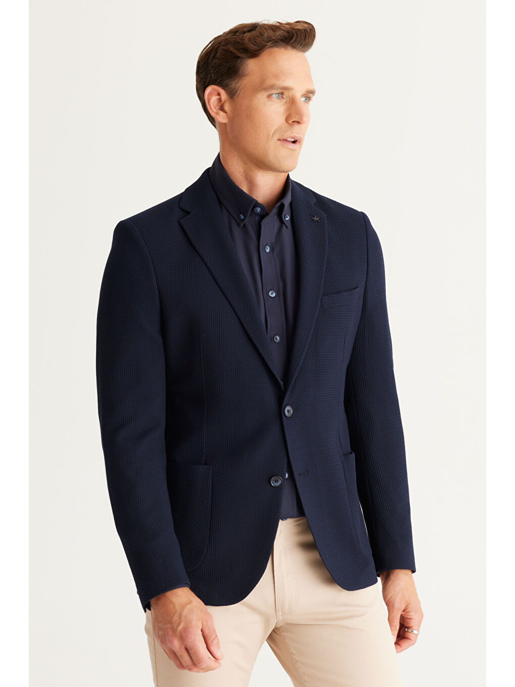 Erkek Lacivert Slim Fit Dar Kesim Mono Yaka Desenli Ceket