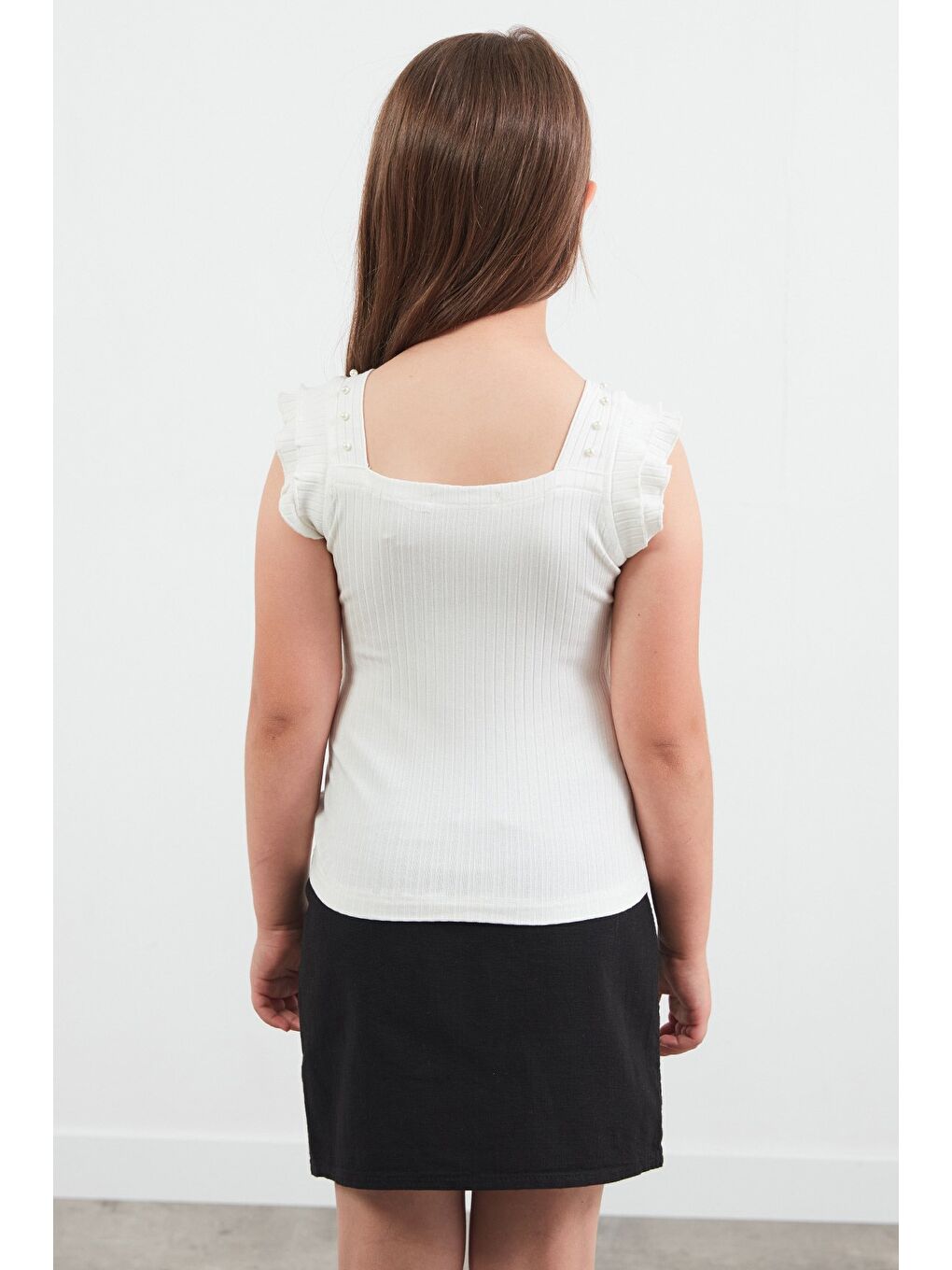 Ekru İncili Kare Yaka Kız Çocuk Bluz-3