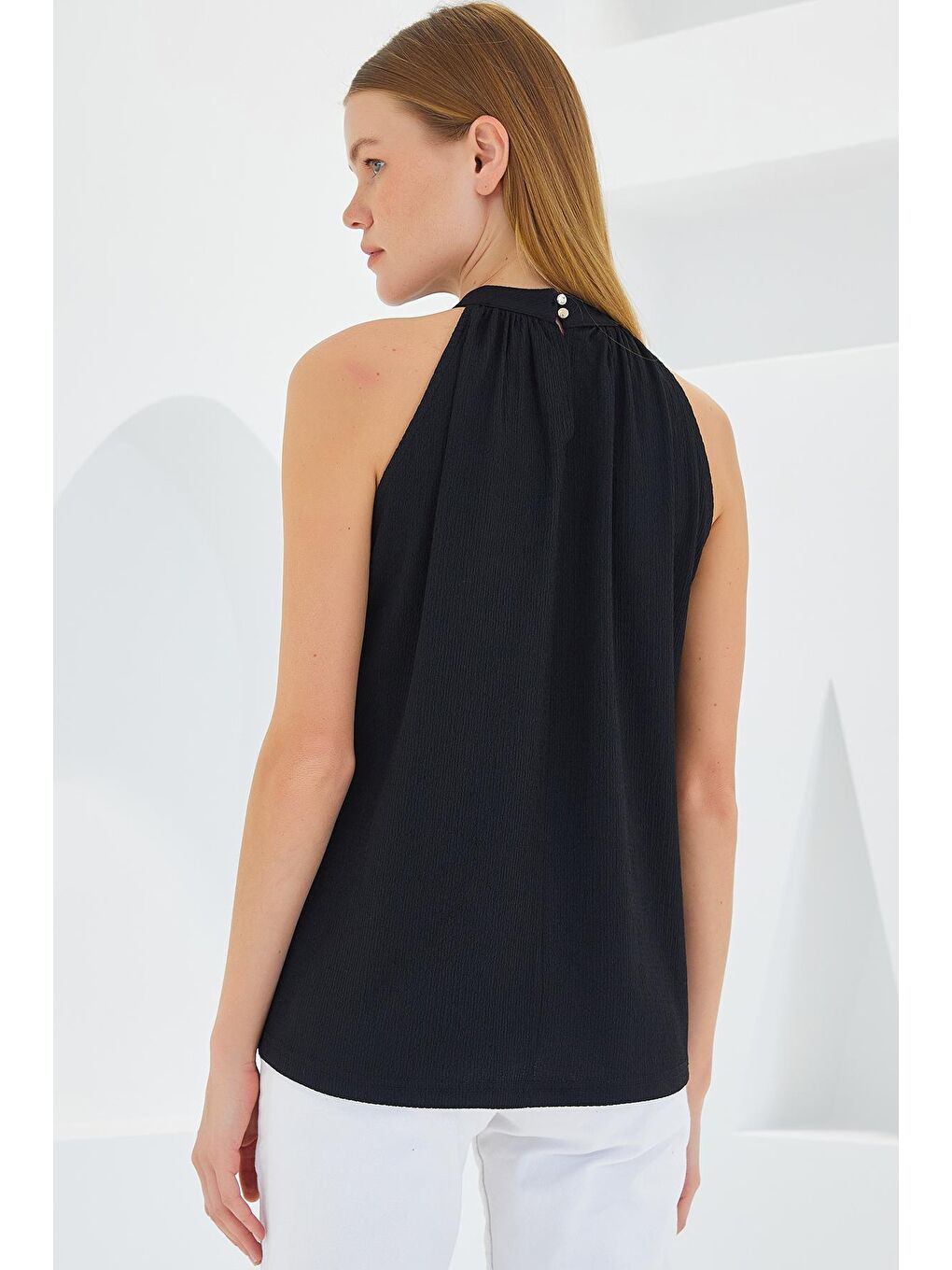 0489 Halter Yaka Örme Bluz - Siyah-4