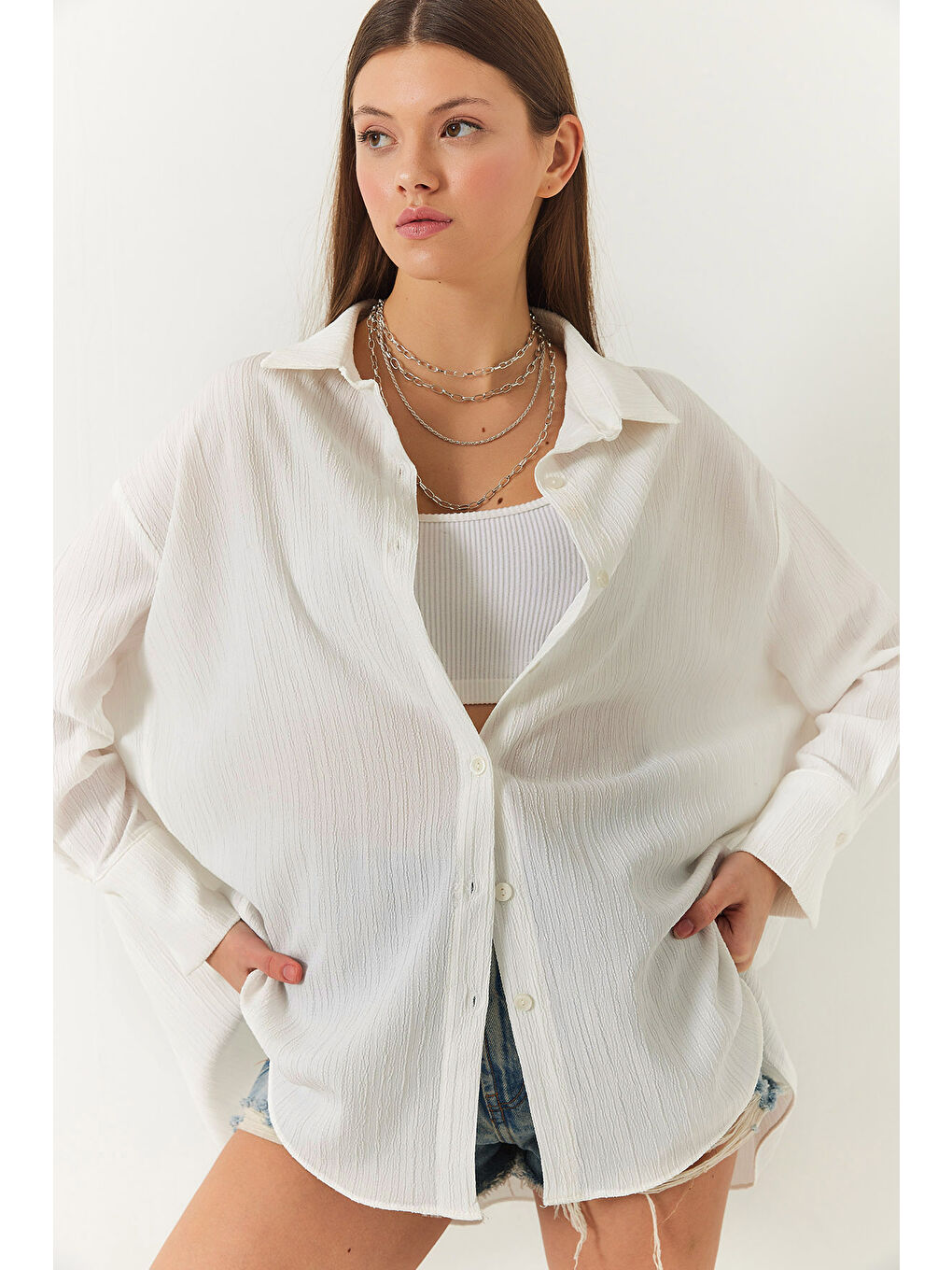Ekru Kadın Düşük Omuz Oversize Basic Bürümcük Gömlek