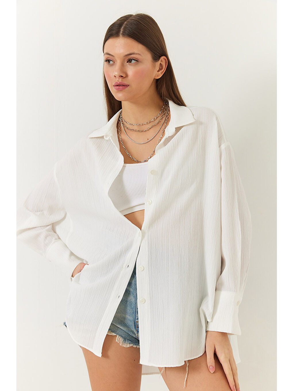 Ekru Kadın Düşük Omuz Oversize Basic Bürümcük Gömlek-1
