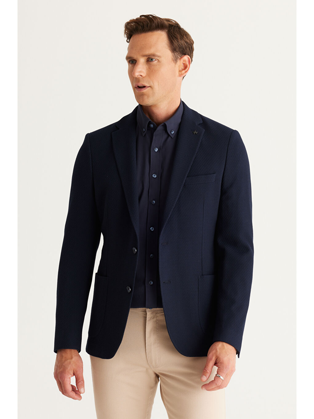 Erkek Lacivert Slim Fit Dar Kesim Mono Yaka Desenli Ceket-2