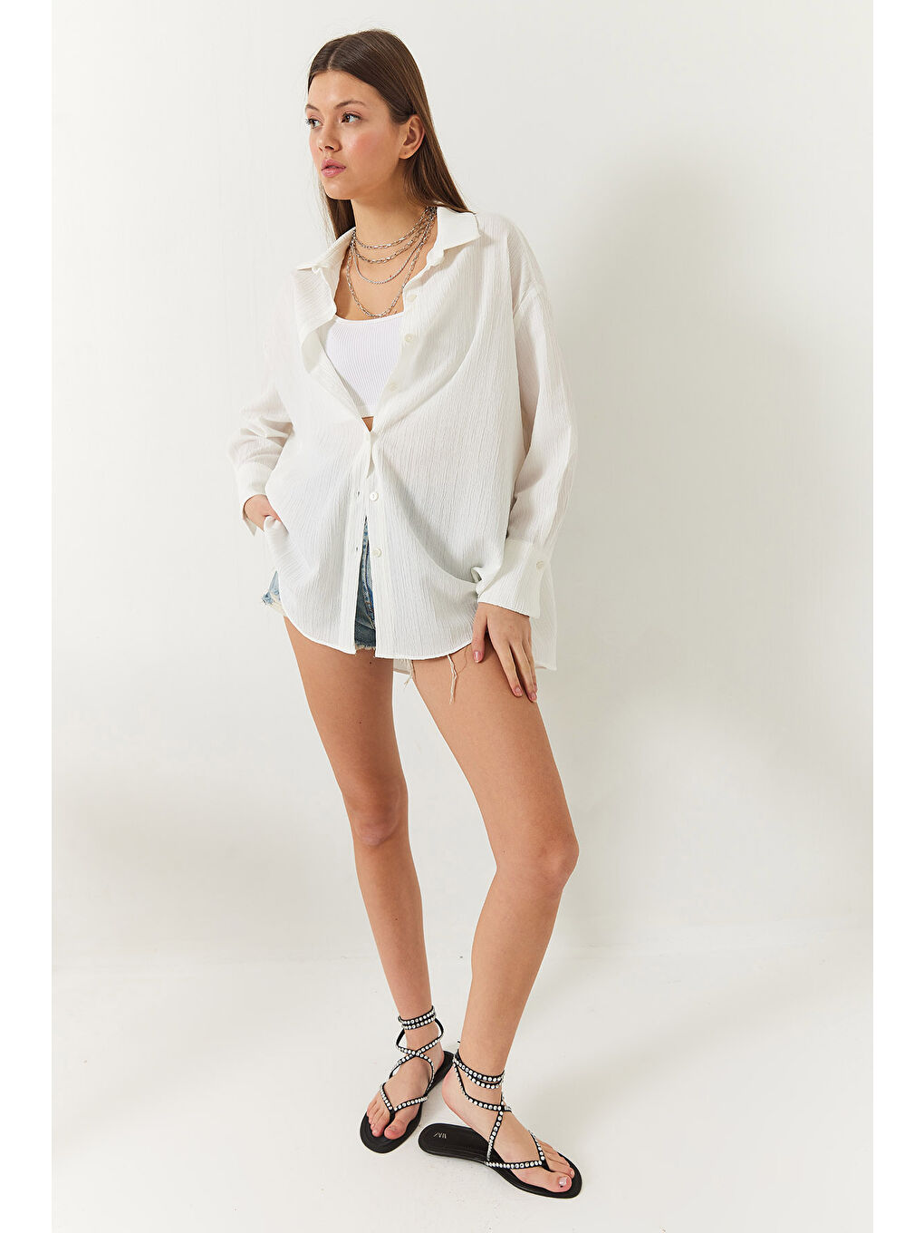 Ekru Kadın Düşük Omuz Oversize Basic Bürümcük Gömlek-2
