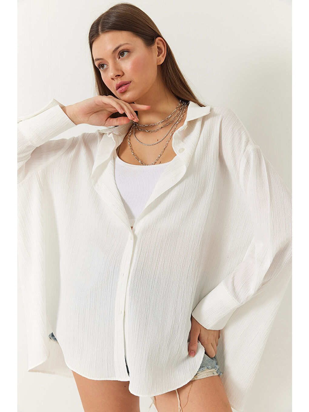 Ekru Kadın Düşük Omuz Oversize Basic Bürümcük Gömlek-3