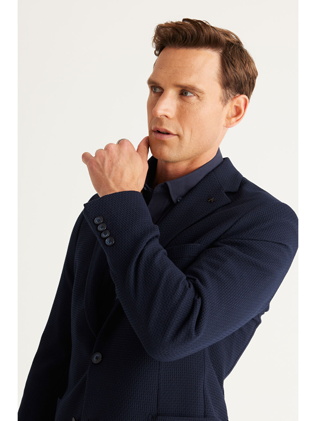 Erkek Lacivert Slim Fit Dar Kesim Mono Yaka Desenli Ceket-3