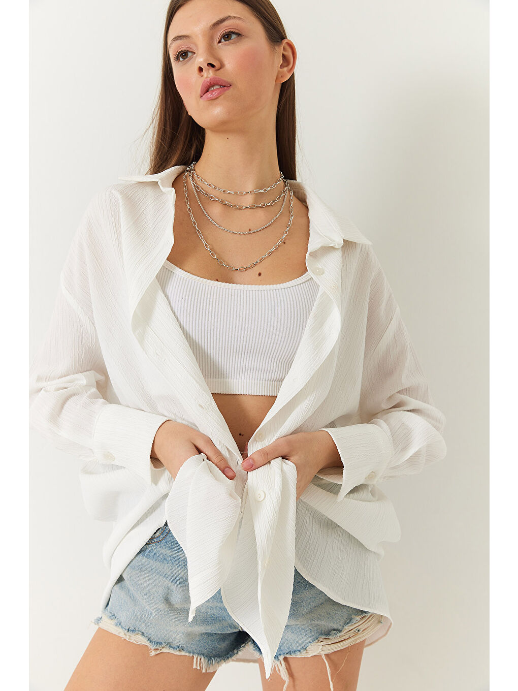 Ekru Kadın Düşük Omuz Oversize Basic Bürümcük Gömlek-5