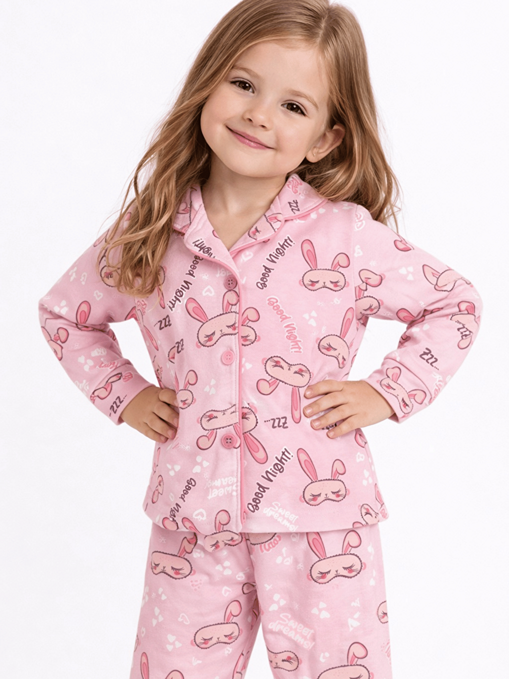 Pembe Bebe Yaka Düğmeli Kız Bebek Pijama Takımı-1