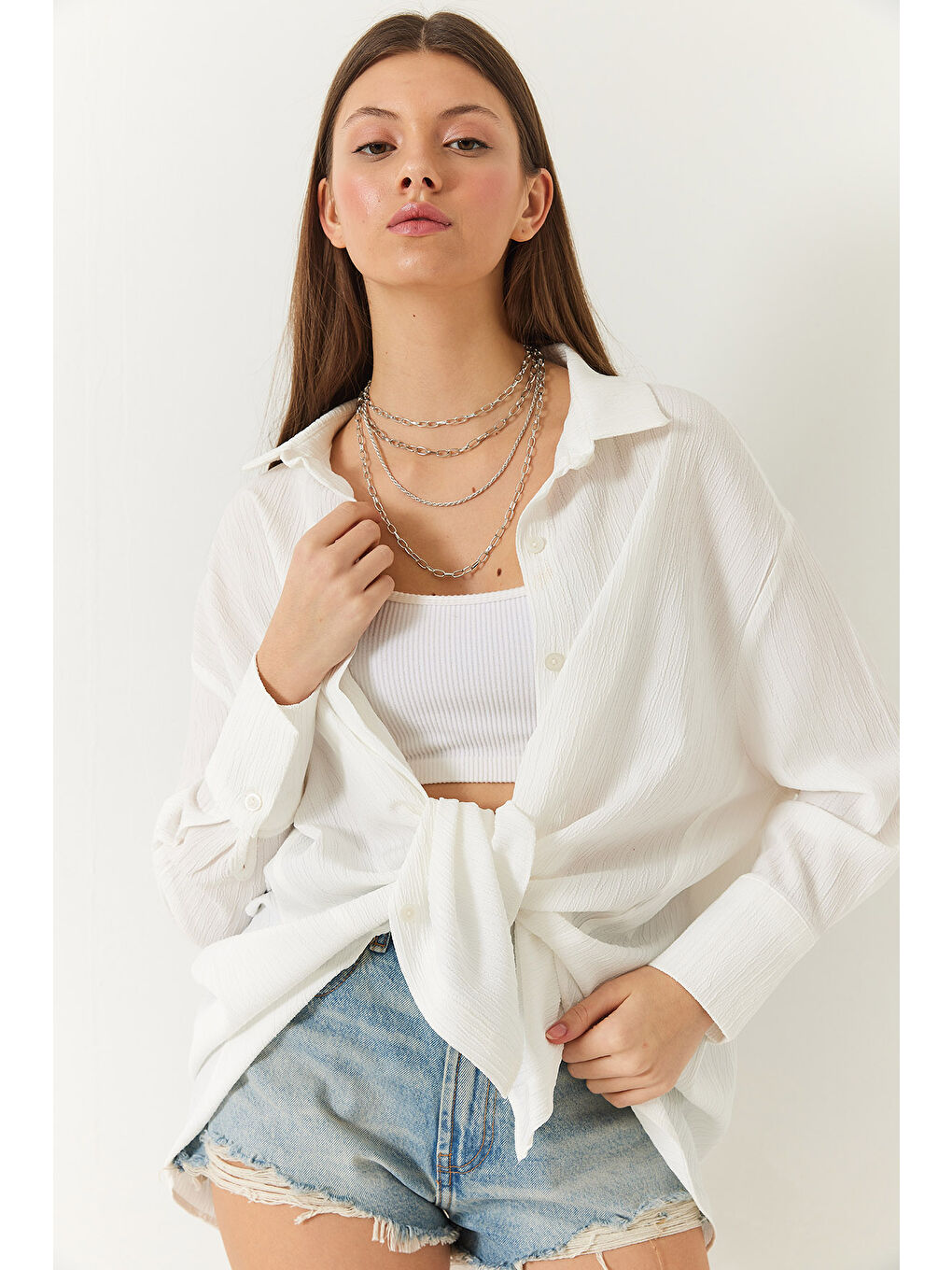 Ekru Kadın Düşük Omuz Oversize Basic Bürümcük Gömlek-6