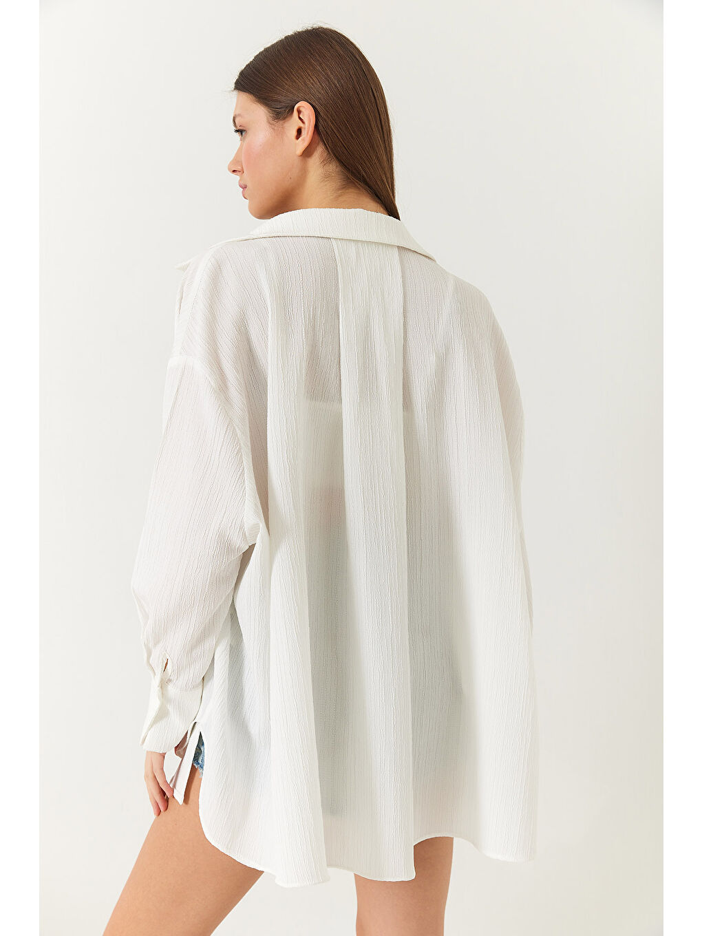 Ekru Kadın Düşük Omuz Oversize Basic Bürümcük Gömlek-7