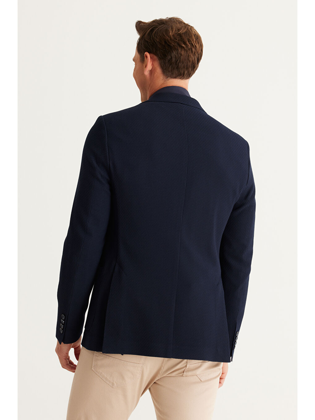 Erkek Lacivert Slim Fit Dar Kesim Mono Yaka Desenli Ceket-4