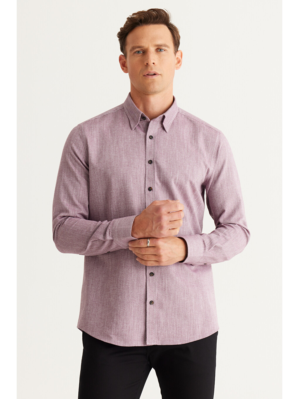 Erkek Bordo Slim Fit Dar Kesim Gizli Düğmeli Yaka Pamuklu Armürlü Gömlek