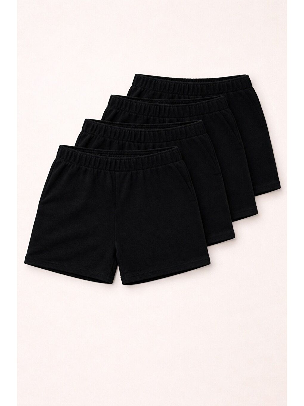 Siyah 4'lü Paket Set Genç Kız Beli Lastikli Basic Pamuklu Şort