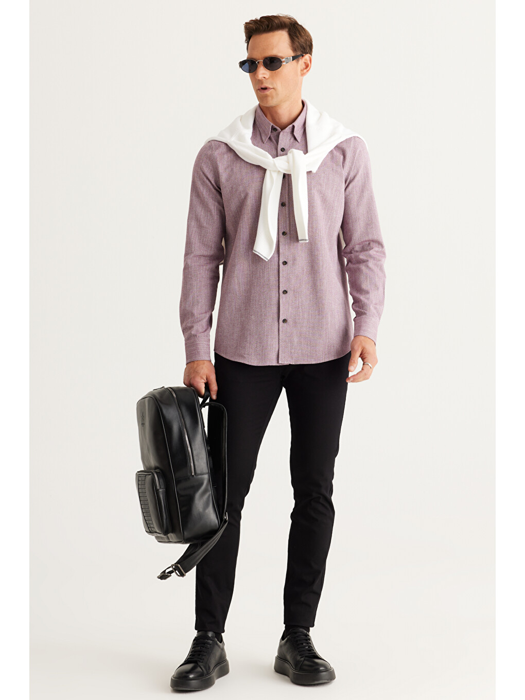 Erkek Bordo Slim Fit Dar Kesim Gizli Düğmeli Yaka Pamuklu Armürlü Gömlek-1