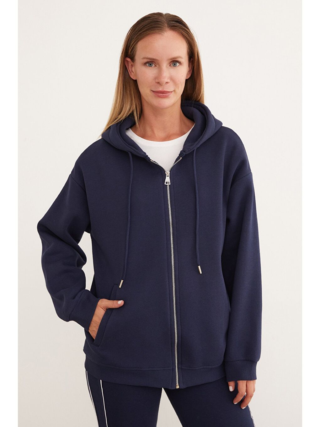 Lacivert 3 İplik Basic Fleto Cepli Kapüşonlu Fermuarlı Sweatshirt