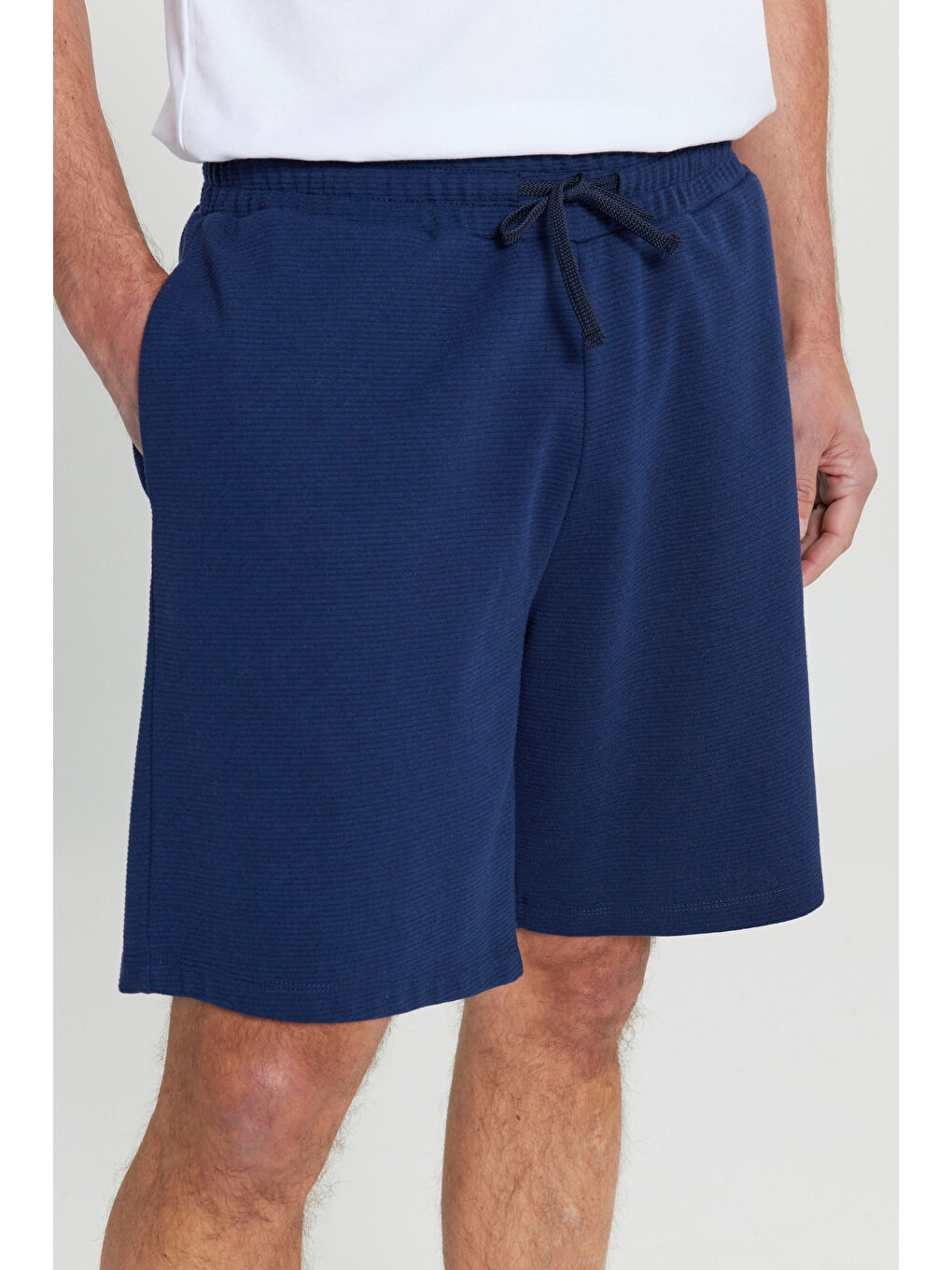 Erkek Lacivert-Siyah 2'li Paket Pamuklu Beli Bağlamalı Yan Cepli Standart Fit Örme Şort-8