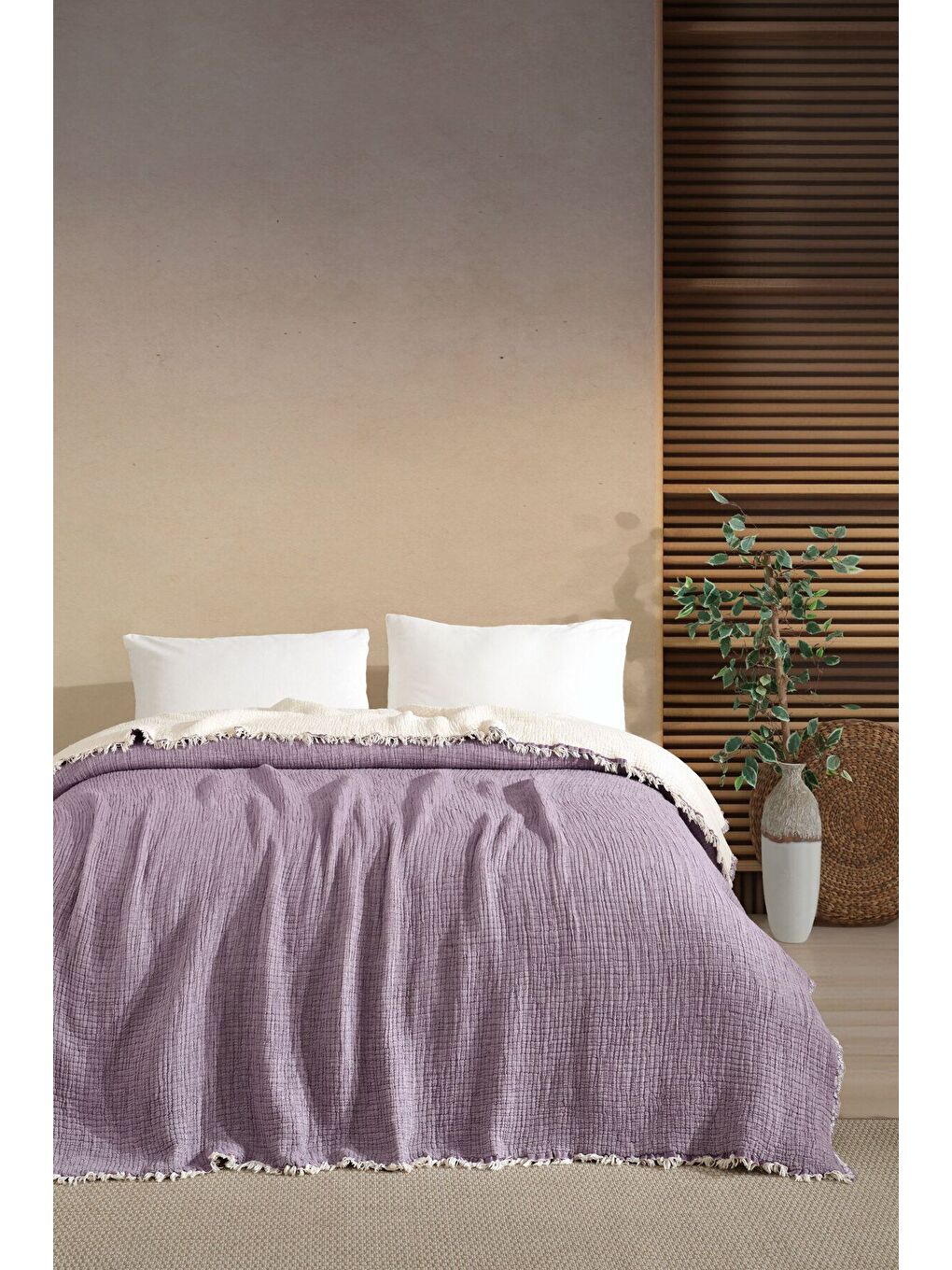 Lila Tek Kişilik 5 Katlı %100 Pamuk Müslin Yatak Örtüsü - LİLA LILA/160X230CM