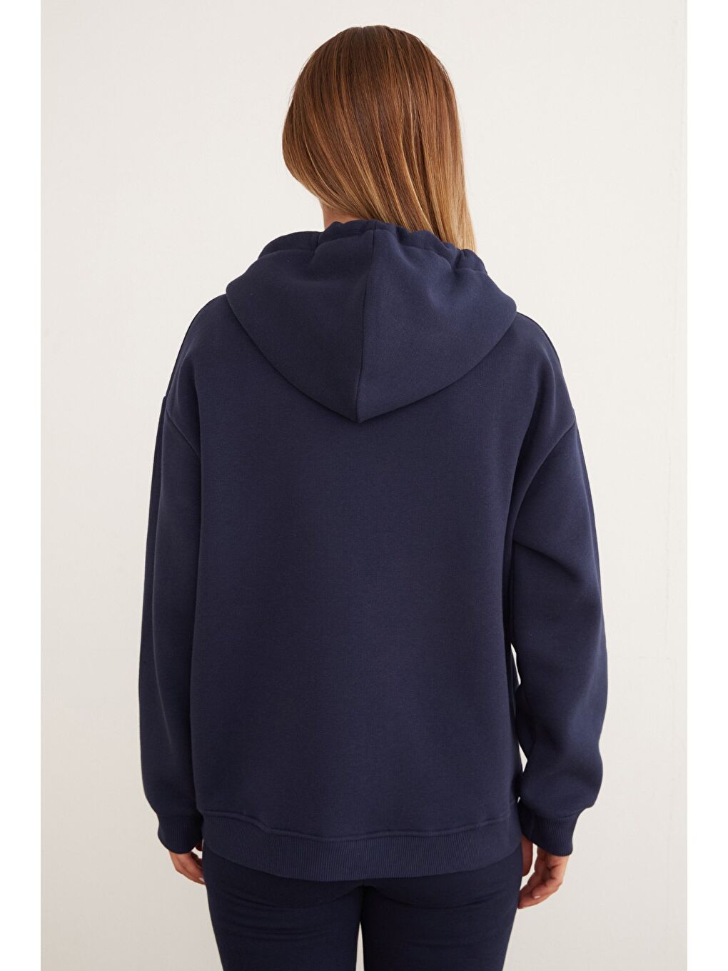 Lacivert 3 İplik Basic Fleto Cepli Kapüşonlu Fermuarlı Sweatshirt-3