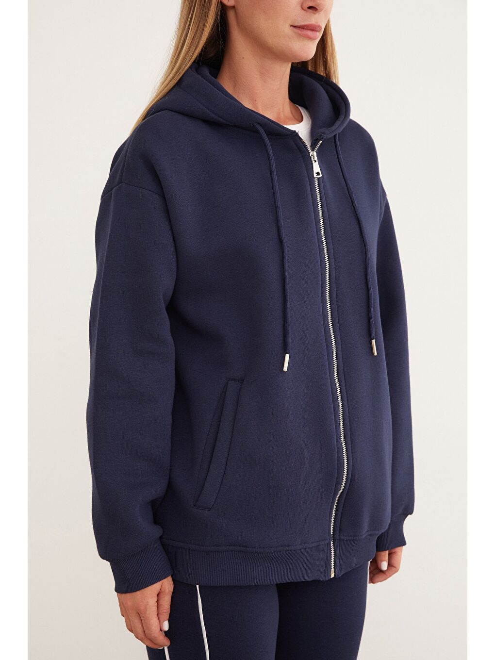 Lacivert 3 İplik Basic Fleto Cepli Kapüşonlu Fermuarlı Sweatshirt-4