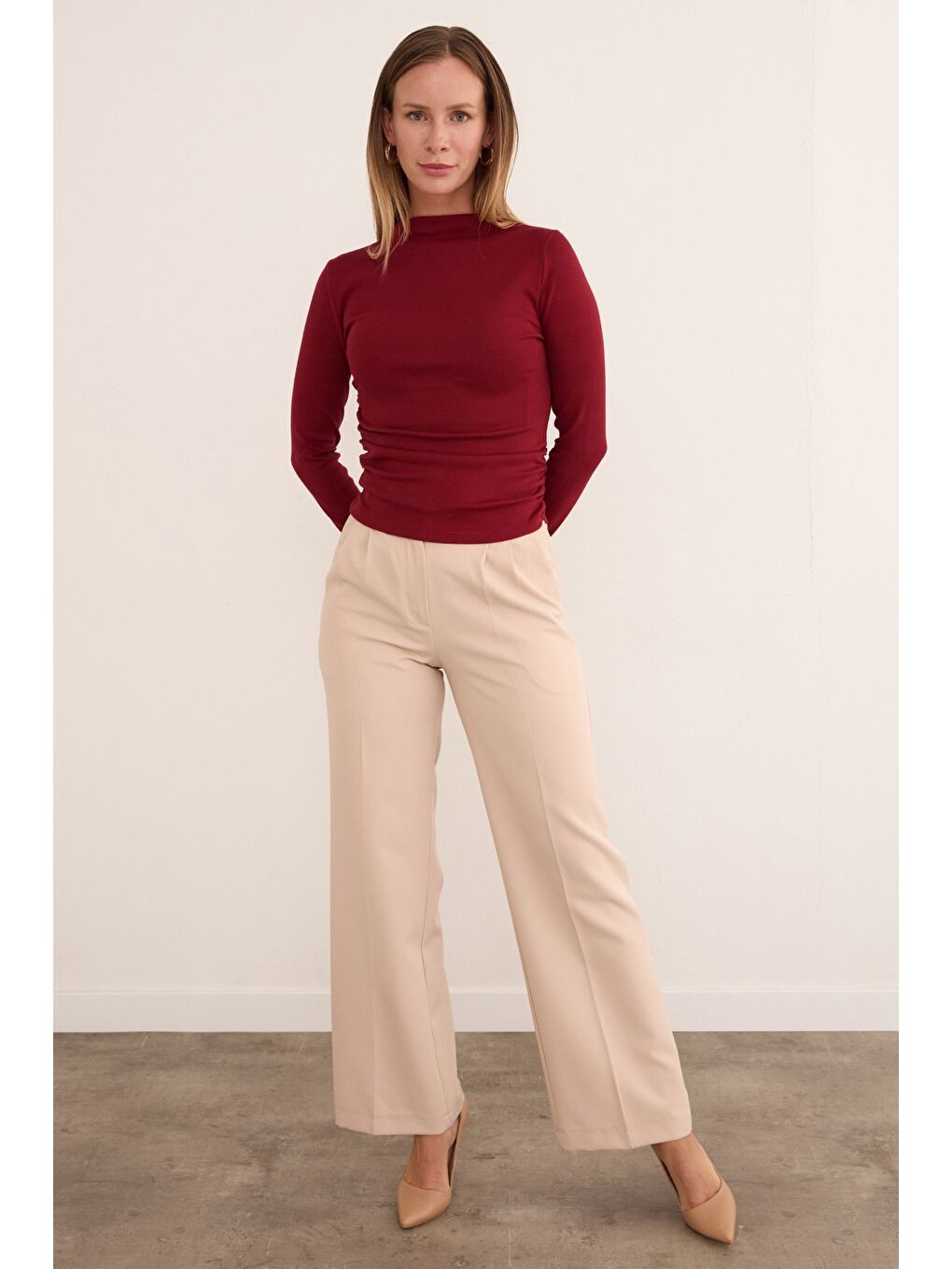 Bordo Basic Yanları Drapeli Perkins Yaka Modal Bluz-2