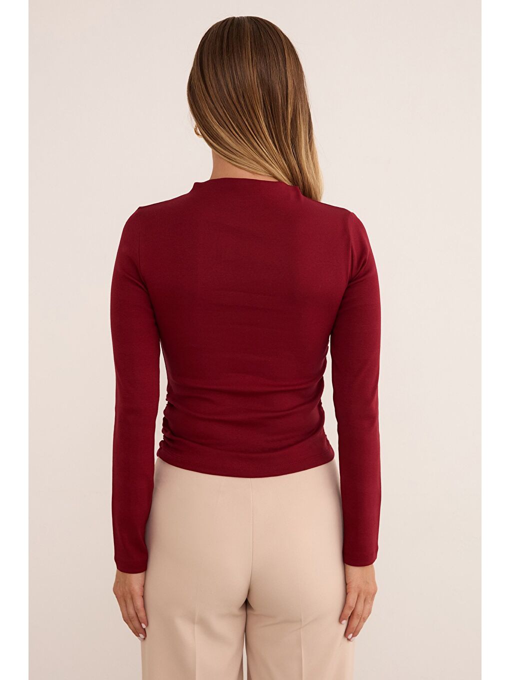 Bordo Basic Yanları Drapeli Perkins Yaka Modal Bluz-3