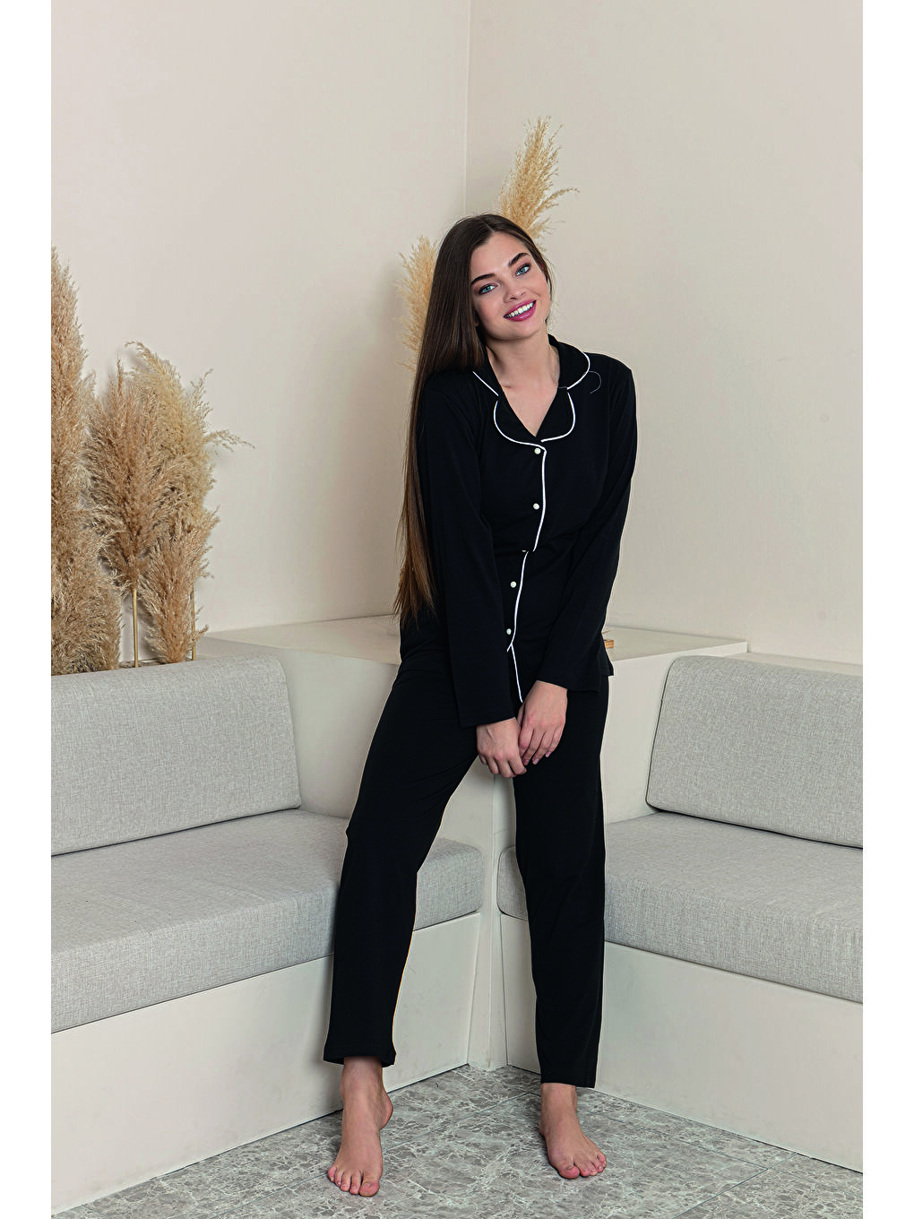 Siyah Kadın %100 Organik Pamuk Doğal Gömlek Yaka Düğmeli Uzun Kollu Biyeli Pijama Takımı