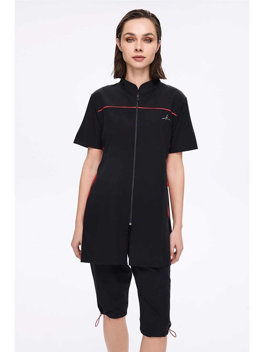 Fermuarlı Siyah Esnek Dokuma 5 Parça Yarı Kapalı Mayo Takımı 5010-1