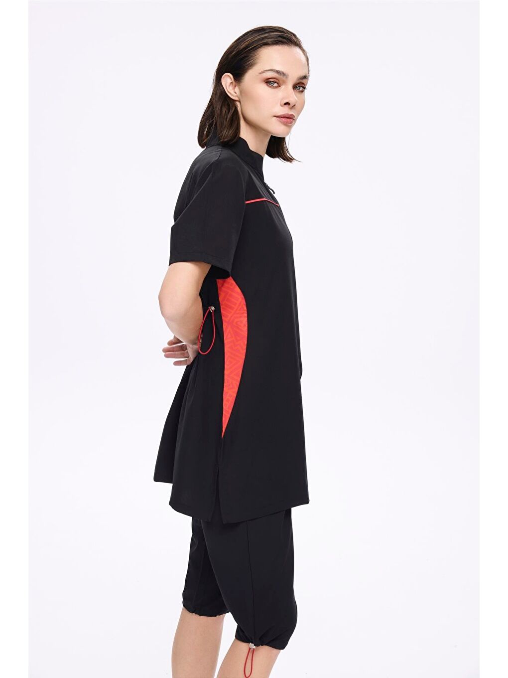 Fermuarlı Siyah Esnek Dokuma 5 Parça Yarı Kapalı Mayo Takımı 5010-2