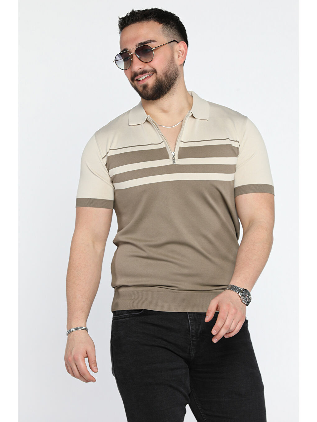 Bej Erkek Polo Yaka Yarım Fermuarlı Renk Bloklu Triko Tişört