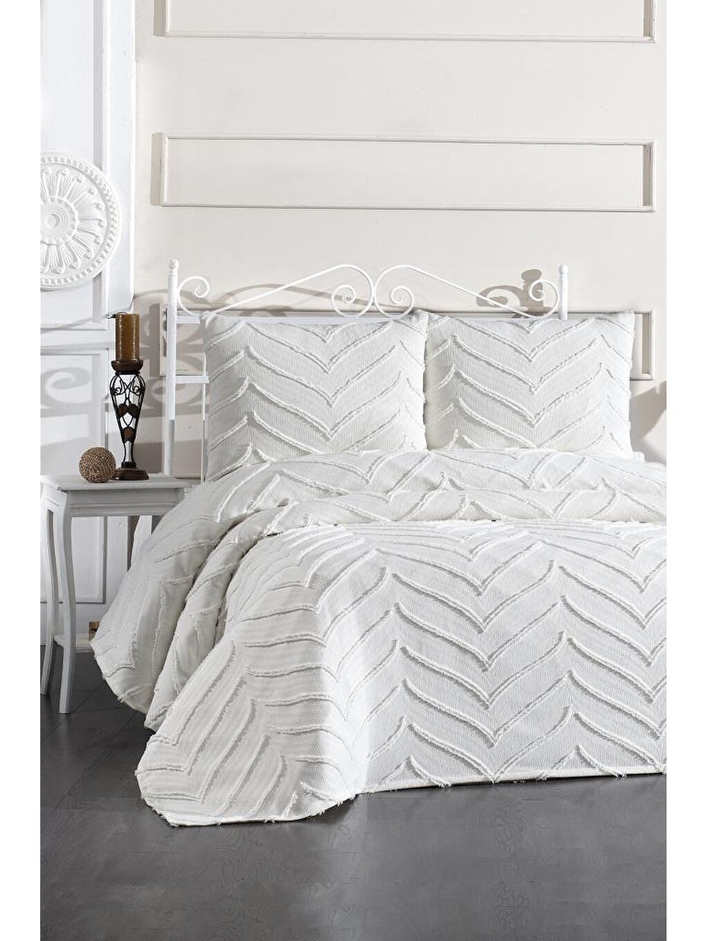 Ekru Sementina 3 Parça Çift Kişilik Pike Takımı Krem