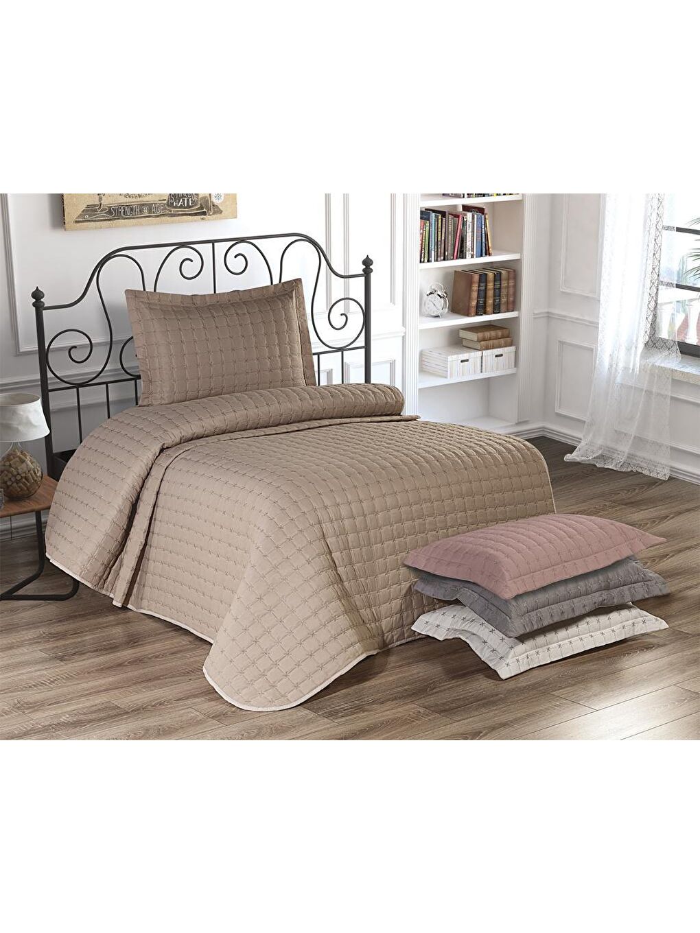 Kahverengi Yıldız Tek Kişilik Kapitoneli Yatak Örtüsü Cappucino