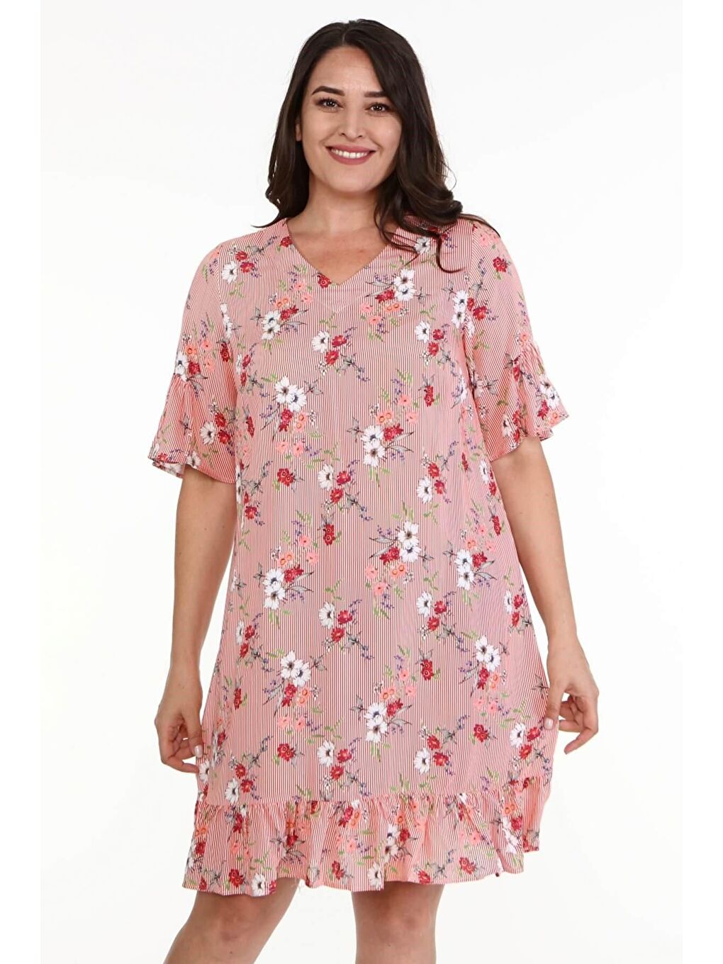 Mylinemoda Kırmızı Eteği ve Kolları Fırfırlı Desenli Elbise - 3