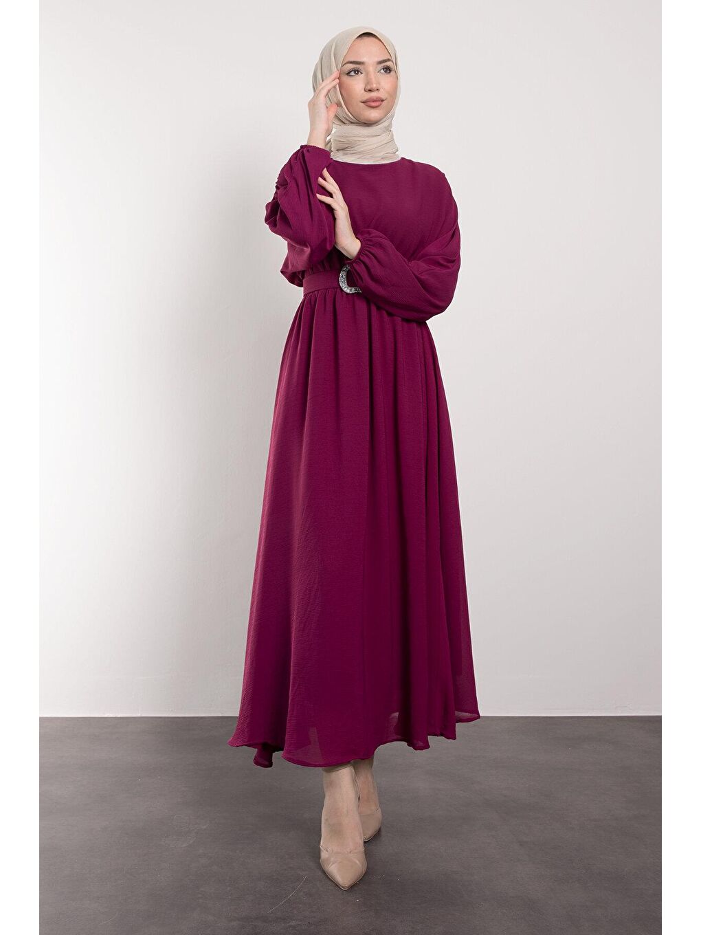 Fuşya Simli Kemerli Şifon Tesettür Kadın Elbise-2