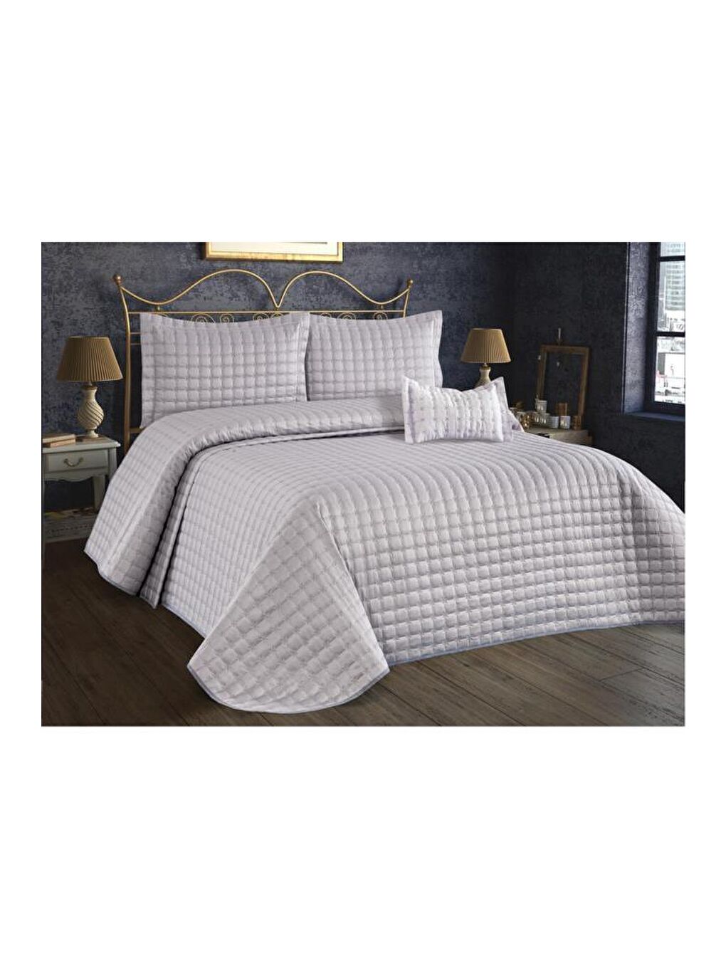 Yıldız Tek Kişilik Kapitoneli Yatak Örtüsü Gri-2