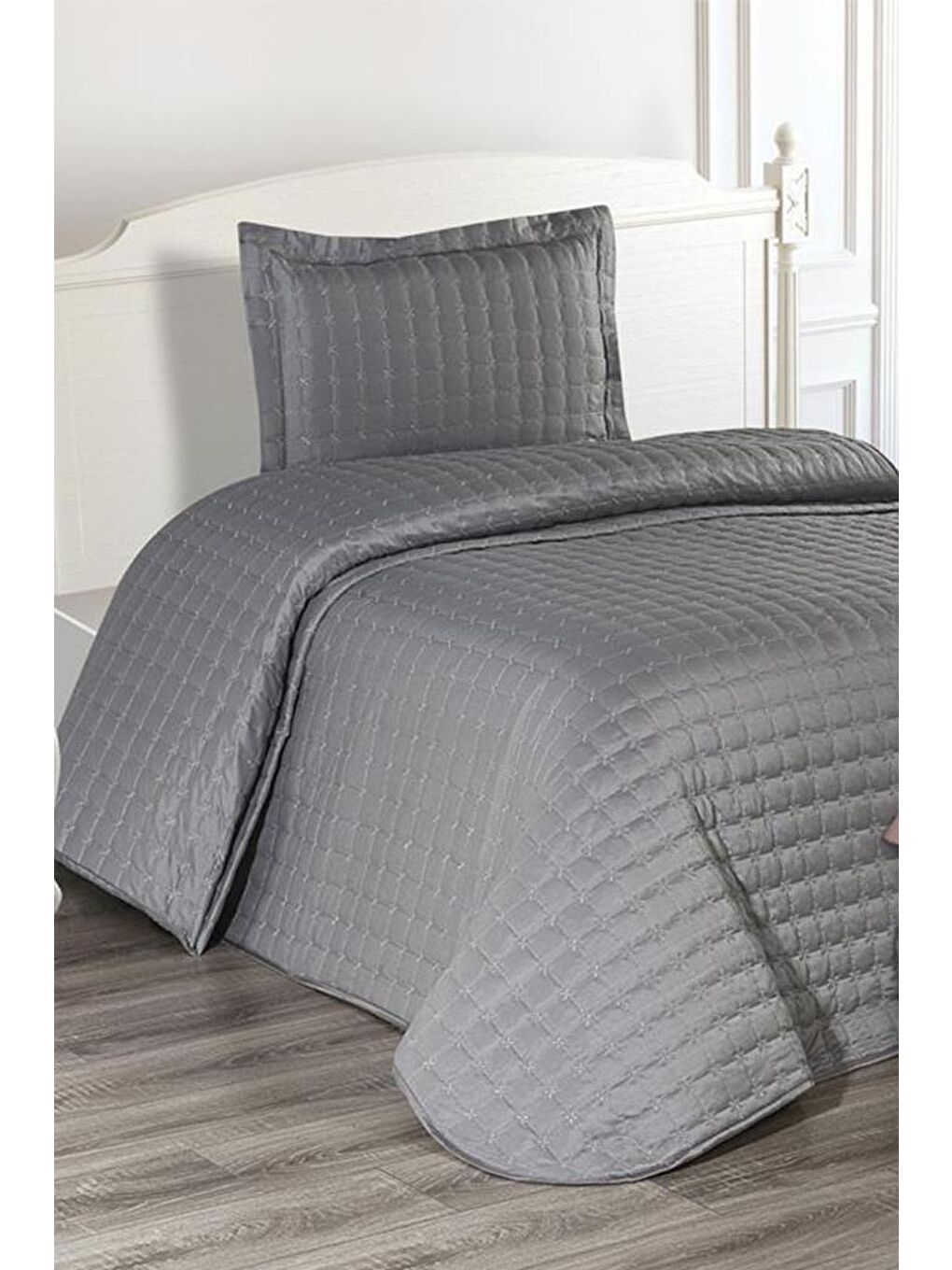 Yıldız Tek Kişilik Kapitoneli Yatak Örtüsü Gri-3