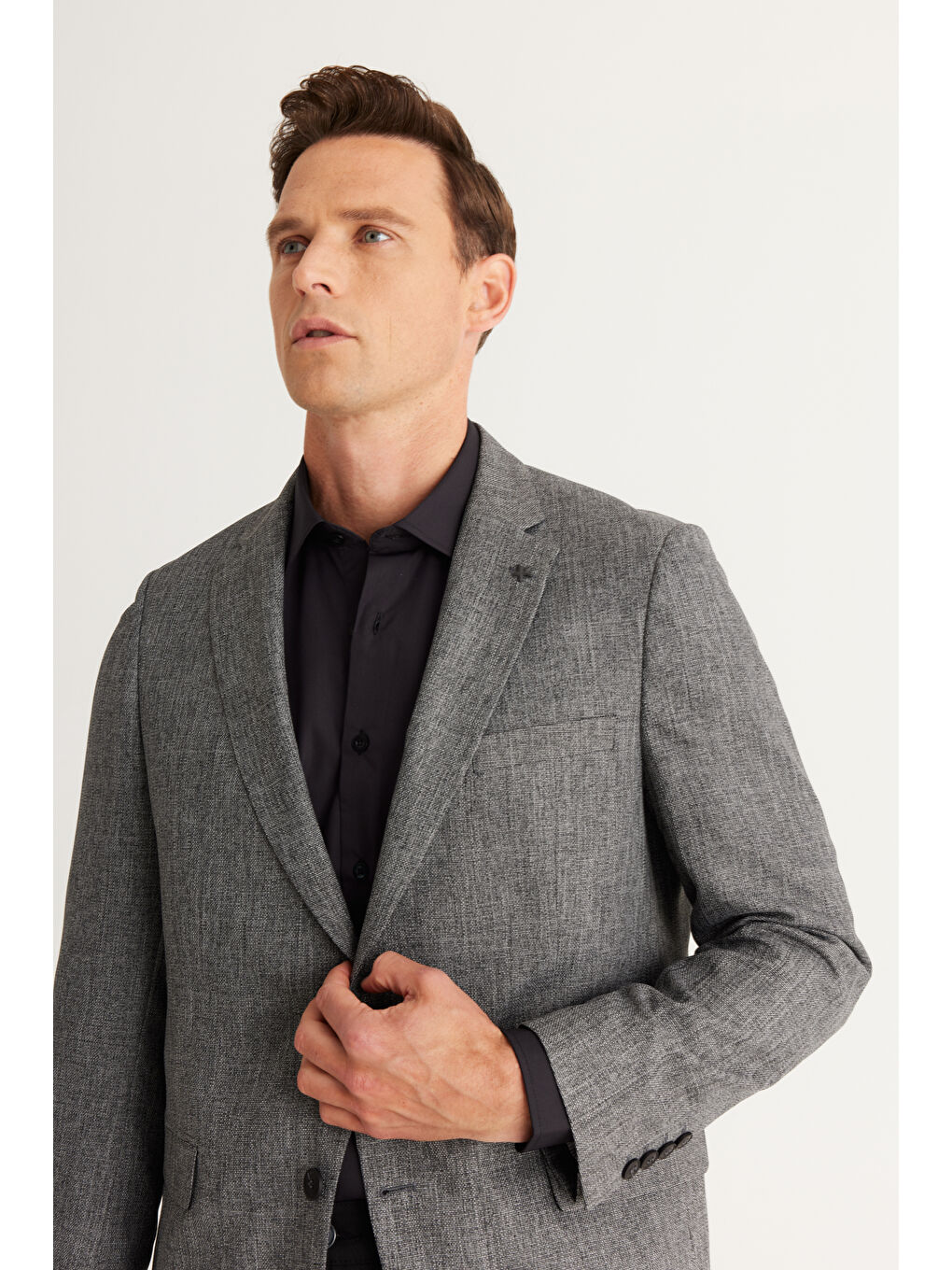 Erkek Antrasit Comfort Fit Rahat Kesim Mono Yaka Desenli Ceket-1