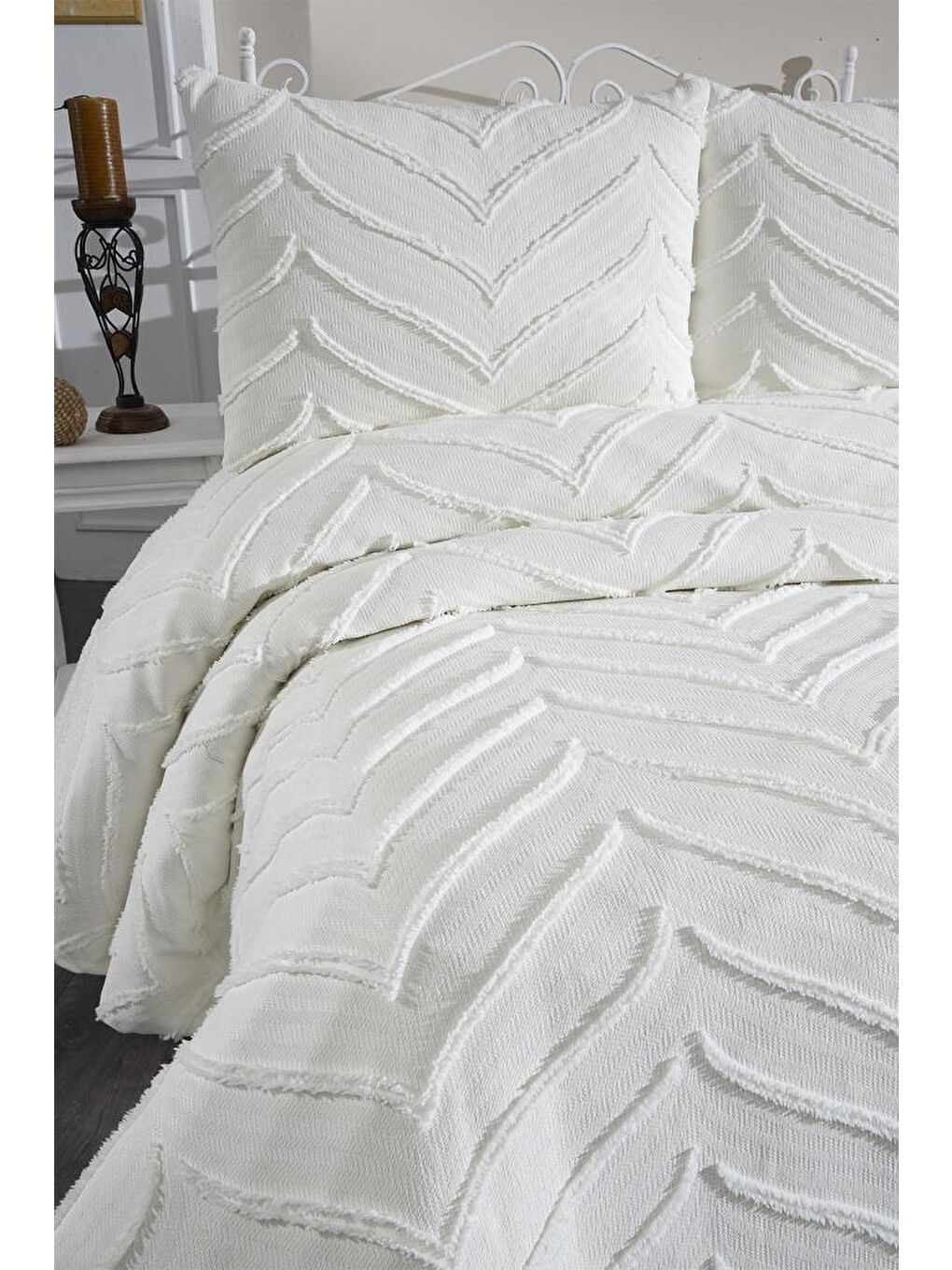 Ekru Sementina 3 Parça Çift Kişilik Pike Takımı Krem-3