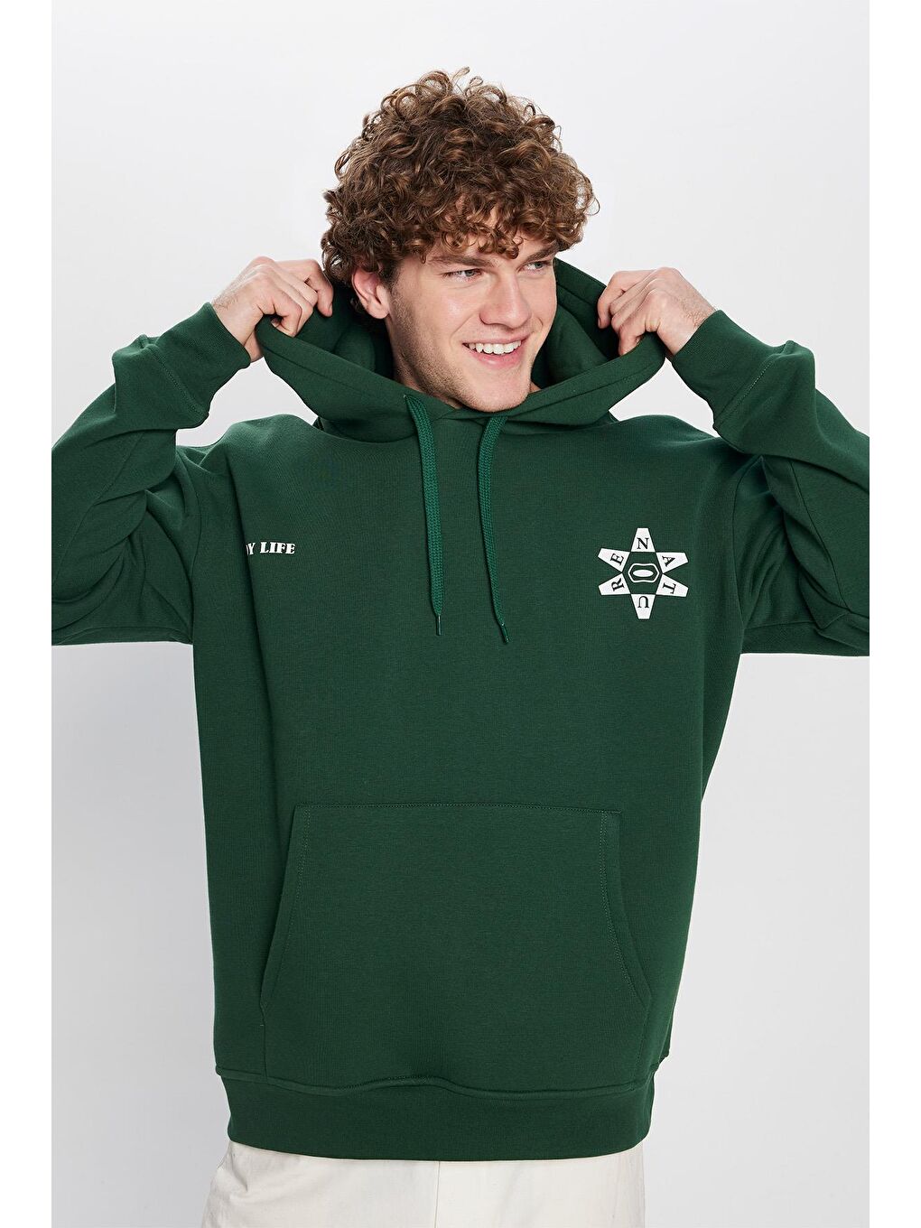 Unisex Oversize Geniş Kesim Pamuklu Yumuşak Dokulu İçi Polarlı Baskılı Yeşil Kapüşonlu Erkek Hoodie