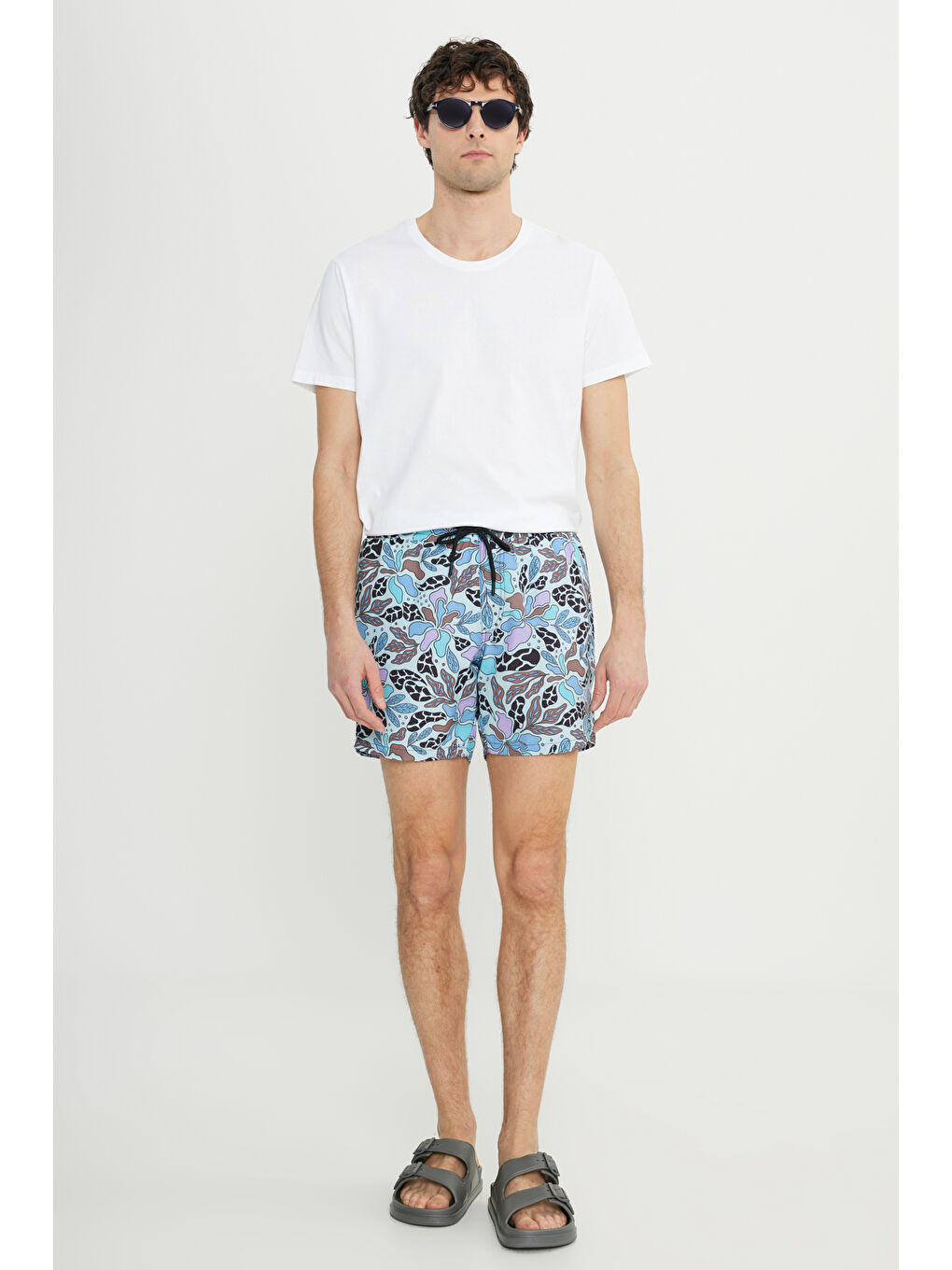 Erkek Mavi Standart Fit Normal Kesim Cepli Hızlı Kuruyan Desenli Mayo Deniz Şortu-2