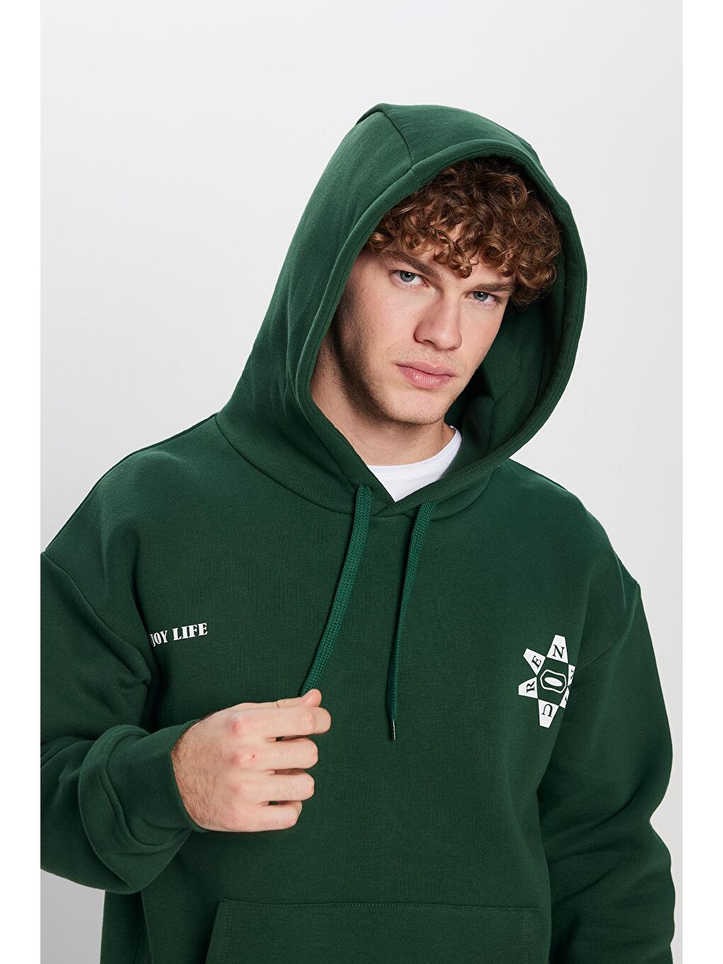 Unisex Oversize Geniş Kesim Pamuklu Yumuşak Dokulu İçi Polarlı Baskılı Yeşil Kapüşonlu Erkek Hoodie-2