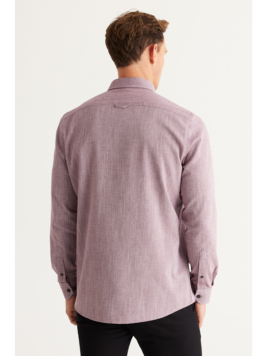 Erkek Bordo Slim Fit Dar Kesim Gizli Düğmeli Yaka Pamuklu Armürlü Gömlek-4