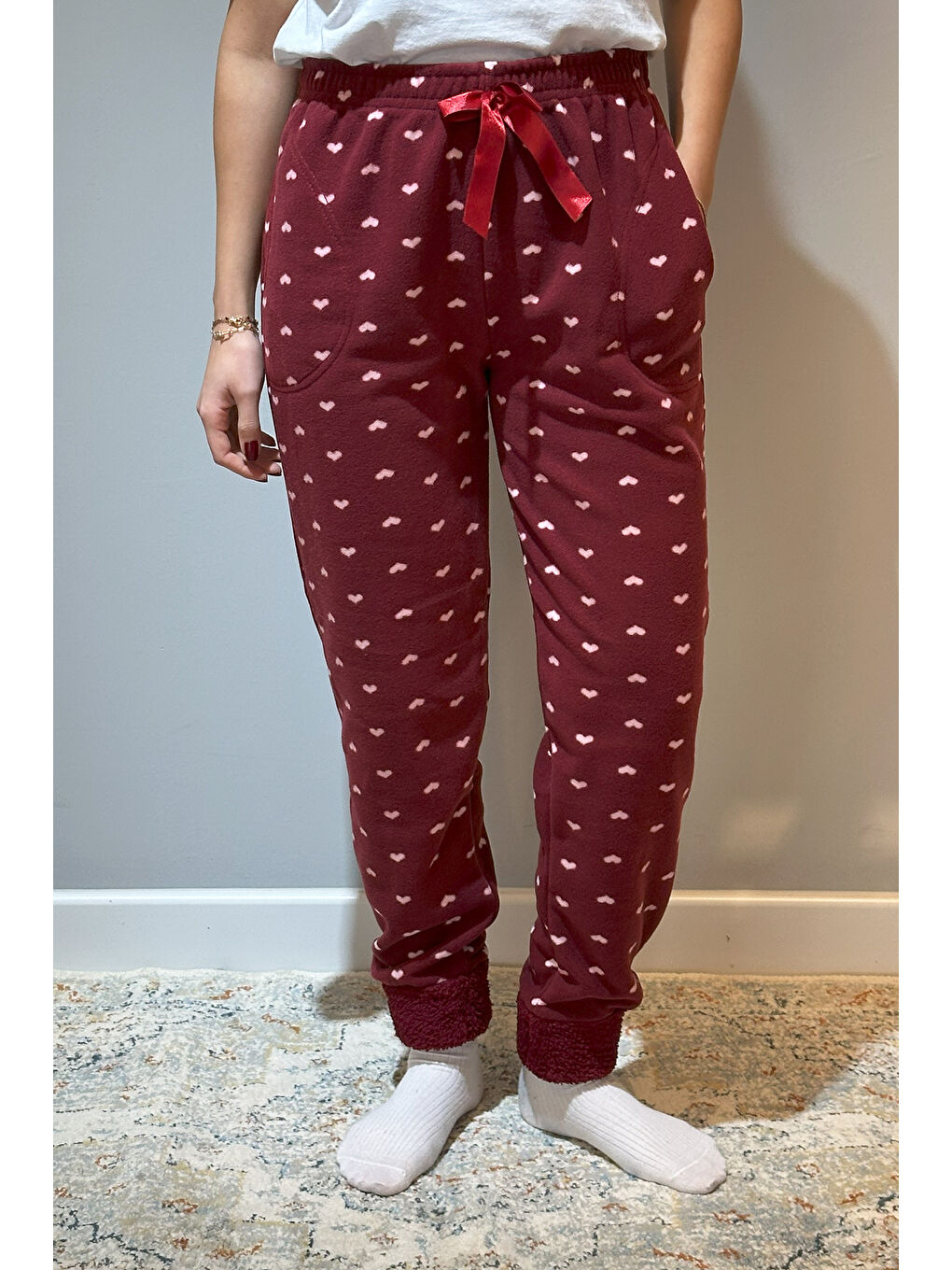 Remsa Kadın Polar Manşetli Pijama Tek Alt Kalp 130 Bordo