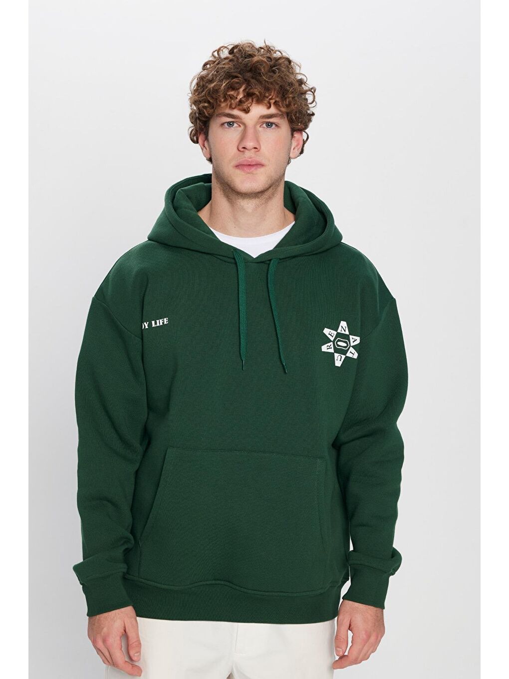 Unisex Oversize Geniş Kesim Pamuklu Yumuşak Dokulu İçi Polarlı Baskılı Yeşil Kapüşonlu Erkek Hoodie-4