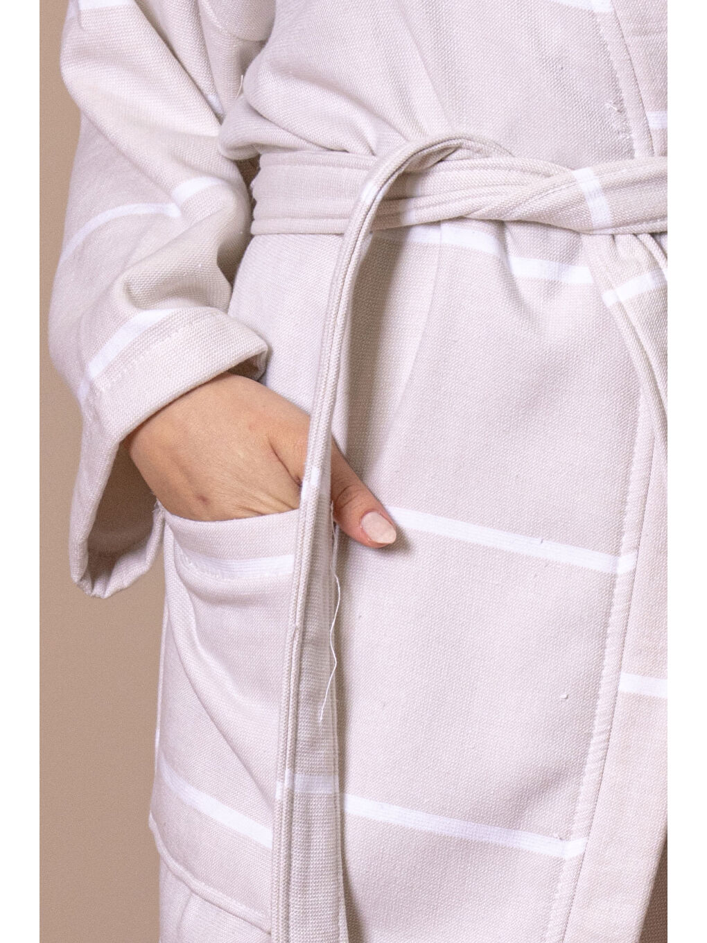 Ekru İhracat Fazlası Stok Pamuklu Çizgili Peştamal Bornoz – Hafif Dokuma – Unisex – Standart Beden-2